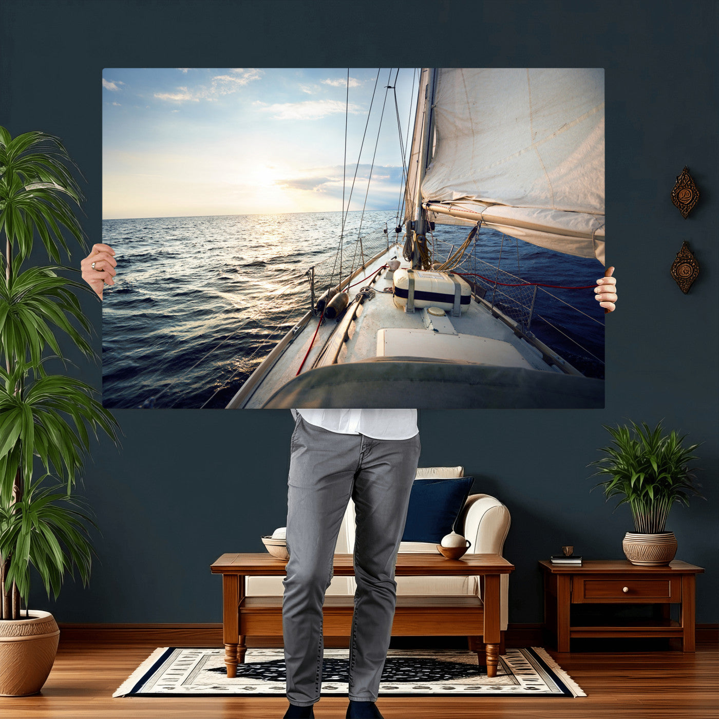 76381335-MGV-CV-36X24 - Sailboat Wall Art Canvas Print, Ocean Sunset Sailing Framed Artwork, Coastal Nautical Seascape Decor for Living Room Office Beach House