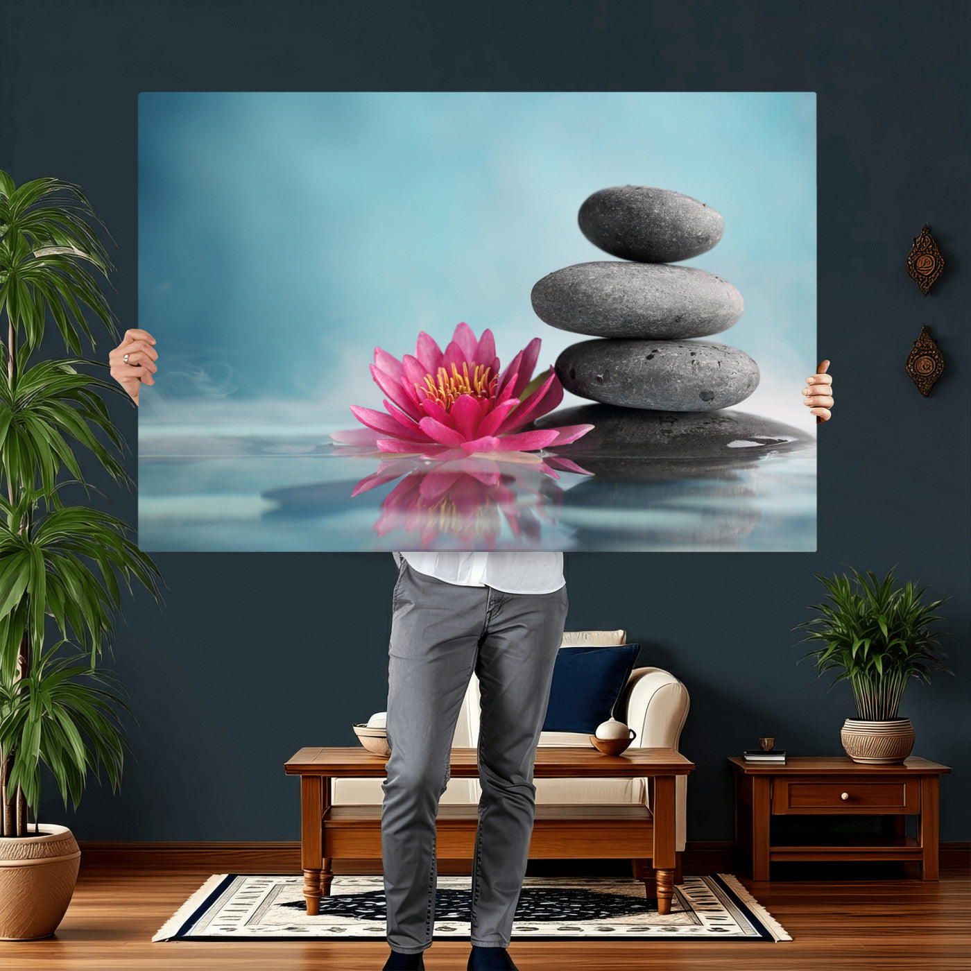 84293154-MGV-CV-36X24 - Zen Canvas Wall Art Lotus Flower Stacked Stones Teal Spa Meditation Relaxation Framed Large for Bathroom Bedroom Living Room Office Decor