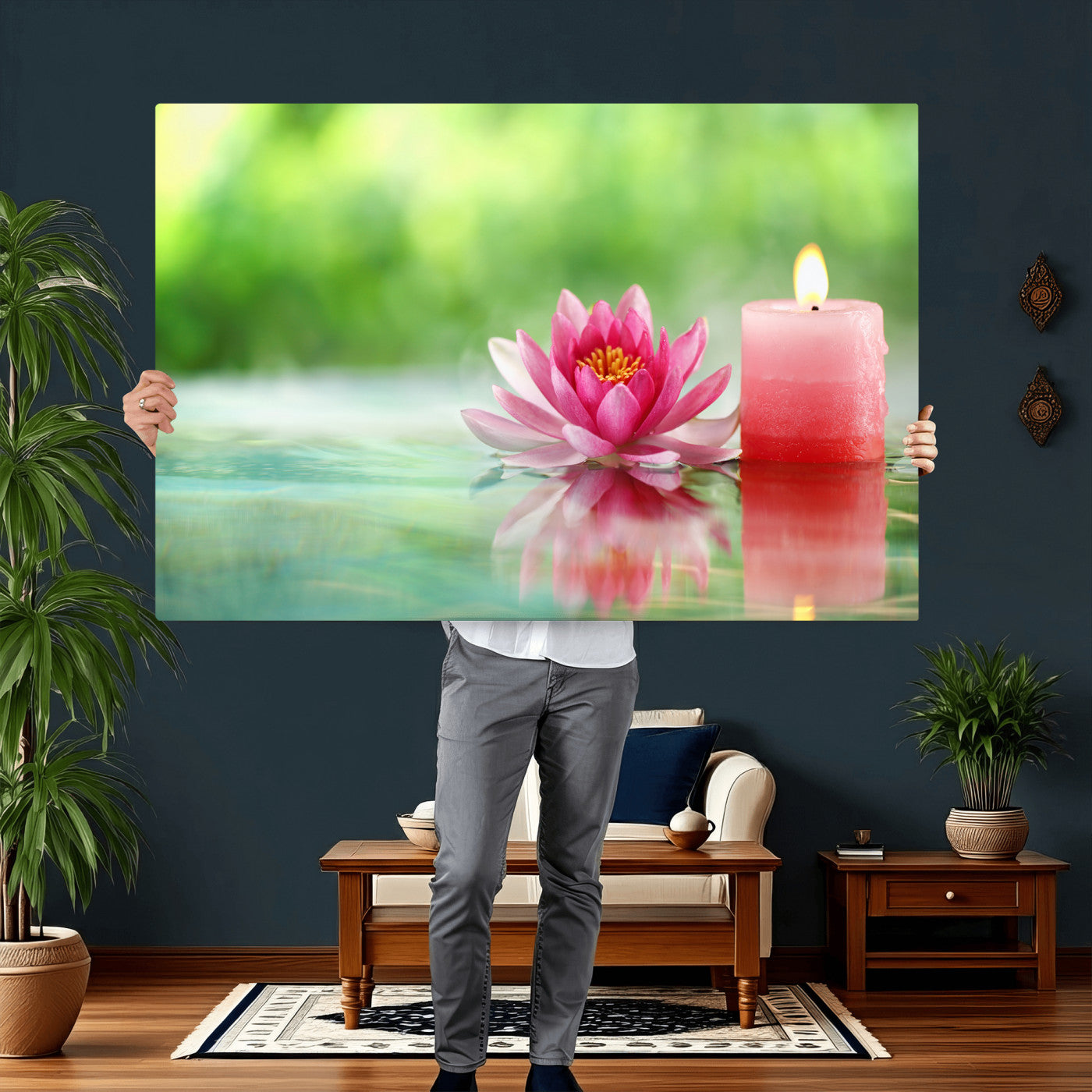 17661715-MGV-CV-36X24 - Zen Lotus Candle Canvas Wall Art Pink Spa Meditation Relaxation Green Bokeh Framed Large for Bathroom Bedroom Living Room Office Decor