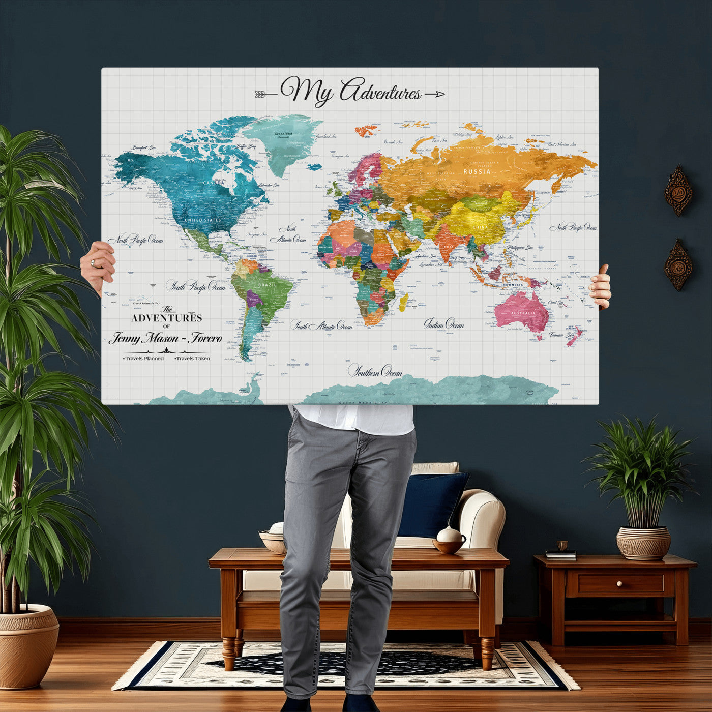 56239817-MGV-CV-36X24 - Custom Push Pin Watercolor World Map Canvas Wall Art Print – Abstract Colorful Travel Wall Decor
