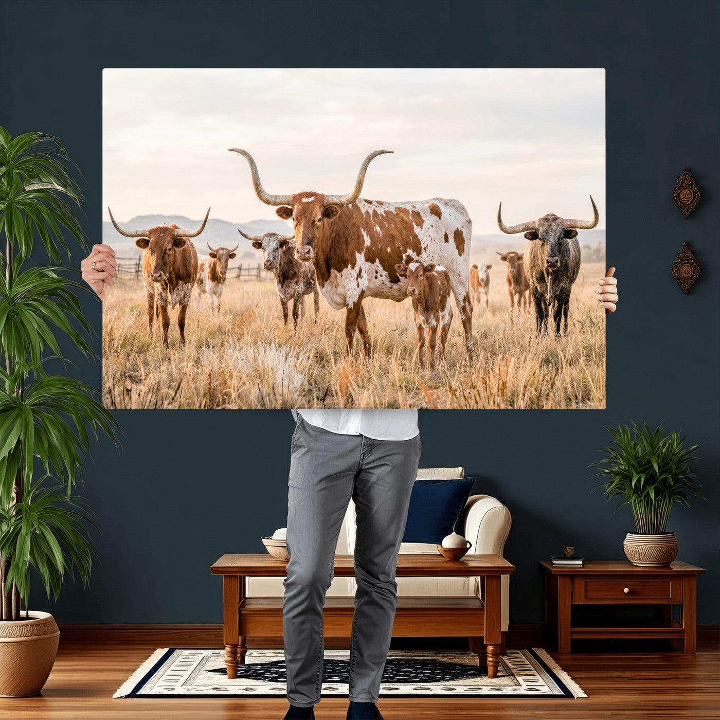 62336425AC-MGV-CV-36X24 - Texas Longhorn Canvas Wall Art, Rustic Farm Animal Photography Print, Farmhouse Country Decor, Western Ranch Art