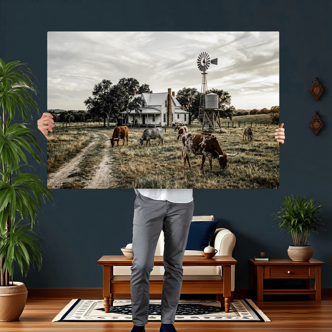 92429425-MGV-CV-36X24 - Texas Longhorn Ranch Wall Art Canvas Print, Rustic Western Farmhouse Decor, Country Landscape Canvas Wall Art, Vintage Cowboy Ranch Picture