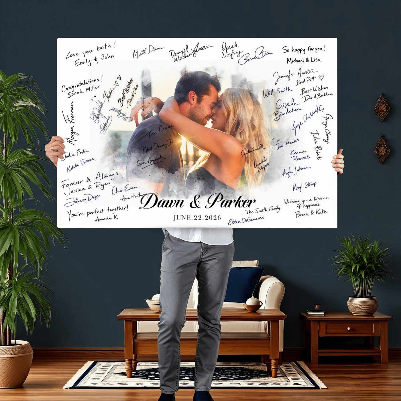 14788122-MGV-CV-36X24 - Wedding Guest Book Alternative Wall Art Canvas Print, Personalized Wedding Signature Poster, Custom Couple Photo Guestbook Canvas, Bridal Shower Reception Decor