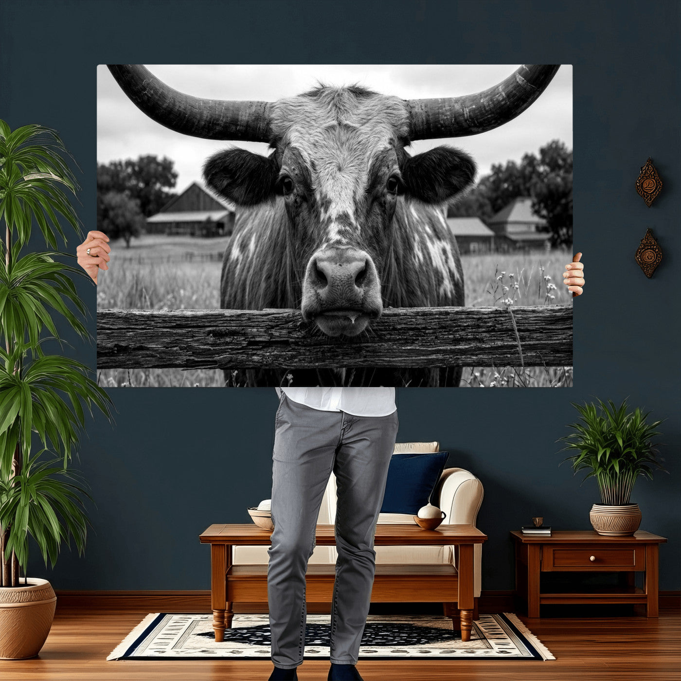 59378683B-MGV-CV-36X24 - Black White Texas Longhorn Bull Canvas Wall Art, Western Ranch Cattle Photography Print, Rustic Farmhouse Cowboy Decor Artwork