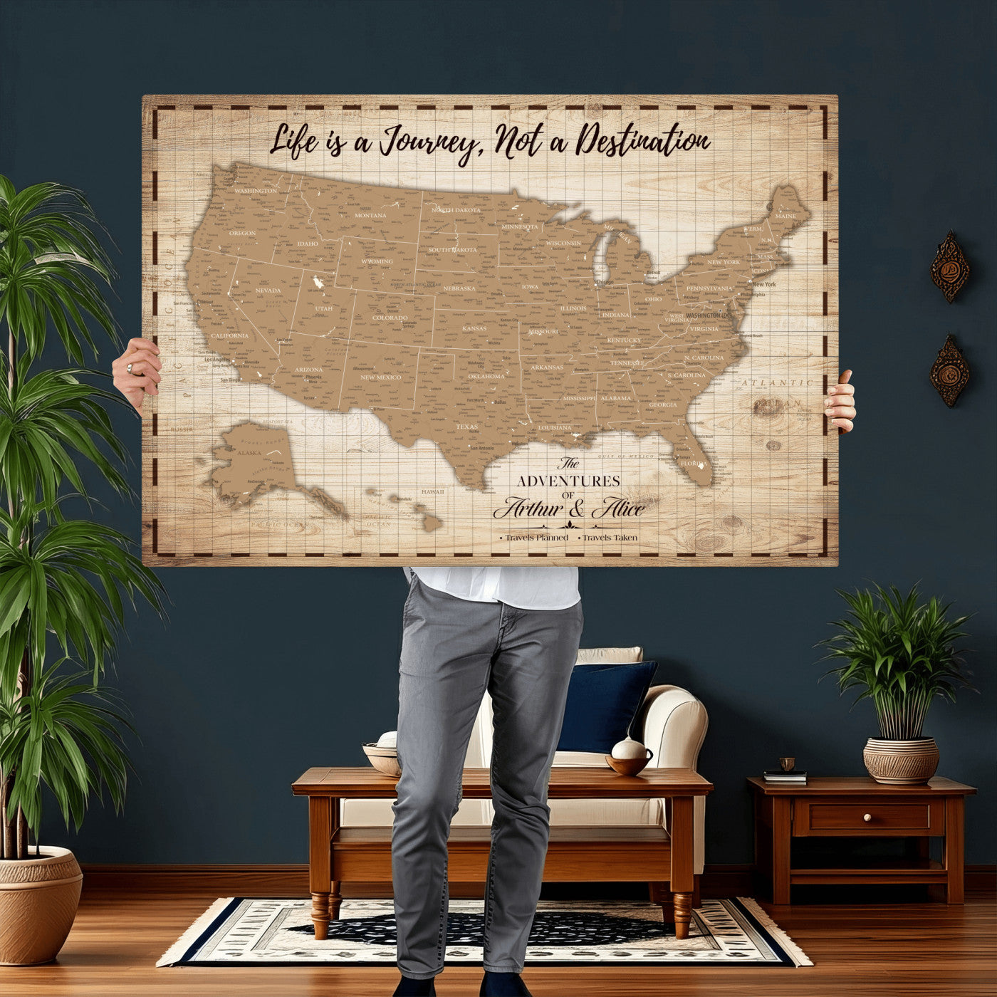 19102499-MGV-CV-36X24 - Personalized USA Push Pin Travel Map, Custom United States Map, Push Pin Map, USA Bucket List Map, Anniversary Gift, Couple Travel Map Wall Art