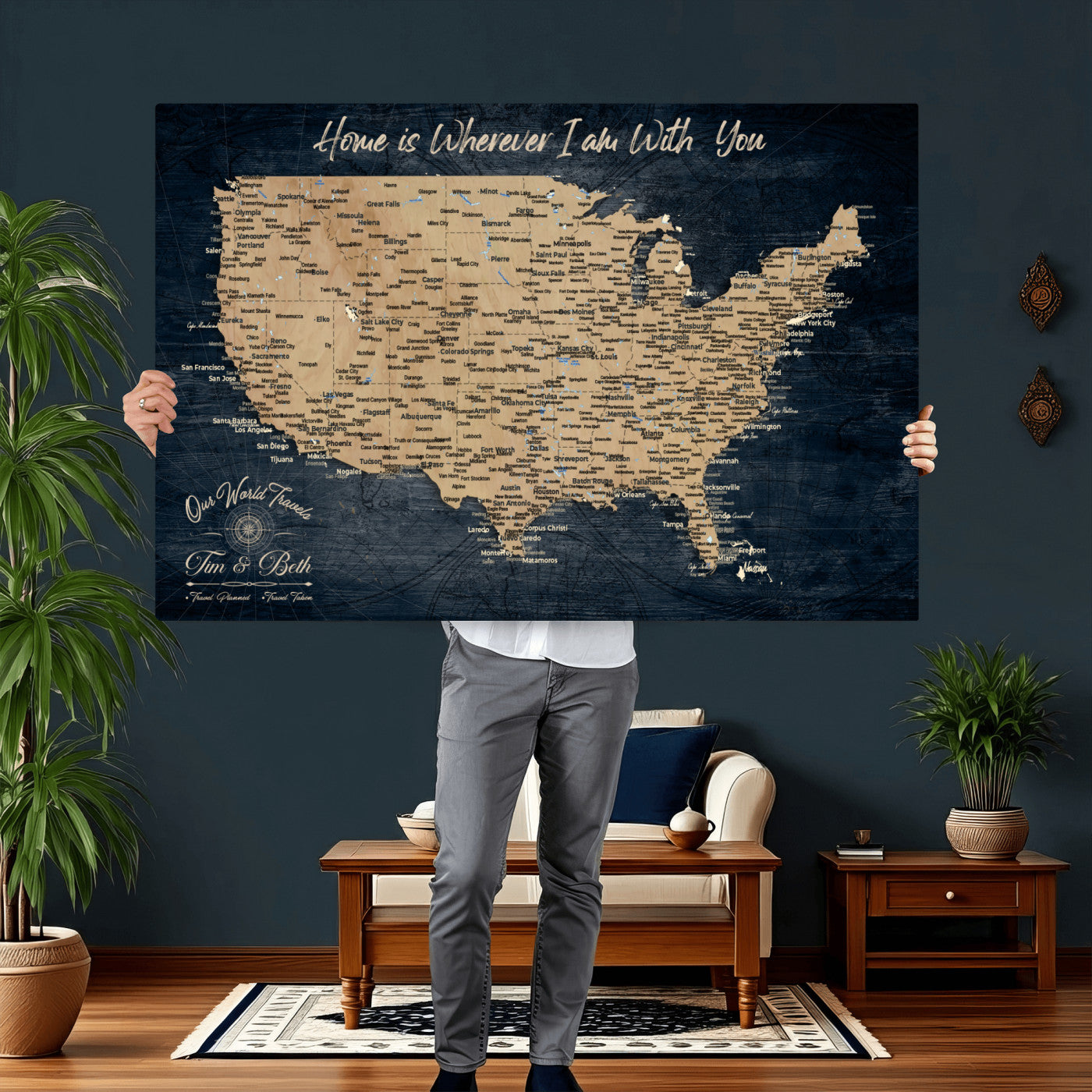 48467834-MGV-CV-36X24 - Custom Push Pin US Map Canvas | Personalized Travel Tracker | USA Cities Map Anniversary Gift for Couples | Adventure America Map Wall Art with Pins