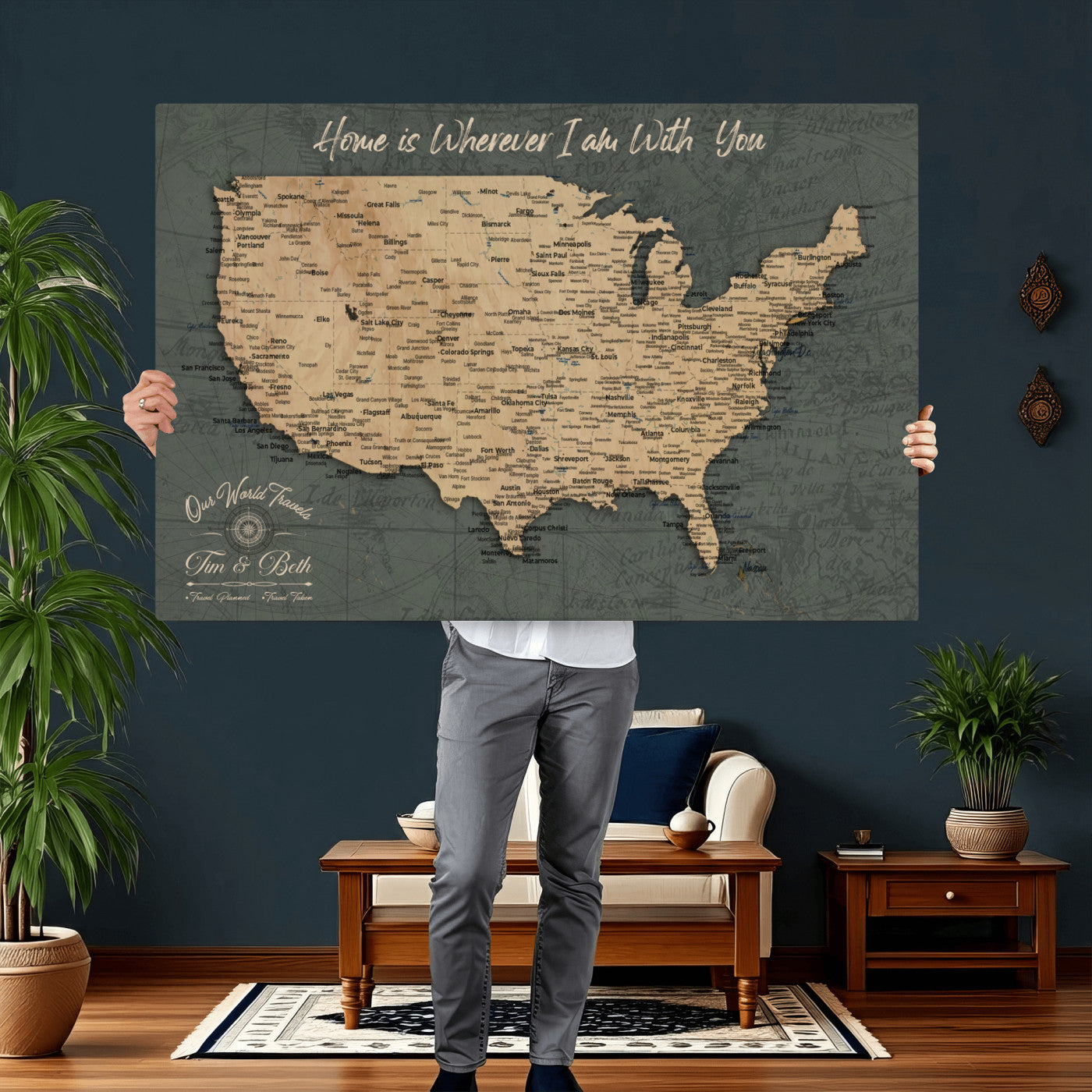 41270900-MGV-CV-36X24 - Custom Push Pin US Map Canvas | Personalized Travel Tracker | USA Cities Map Anniversary Gift for Couples | Adventure America Map Wall Art with Pins