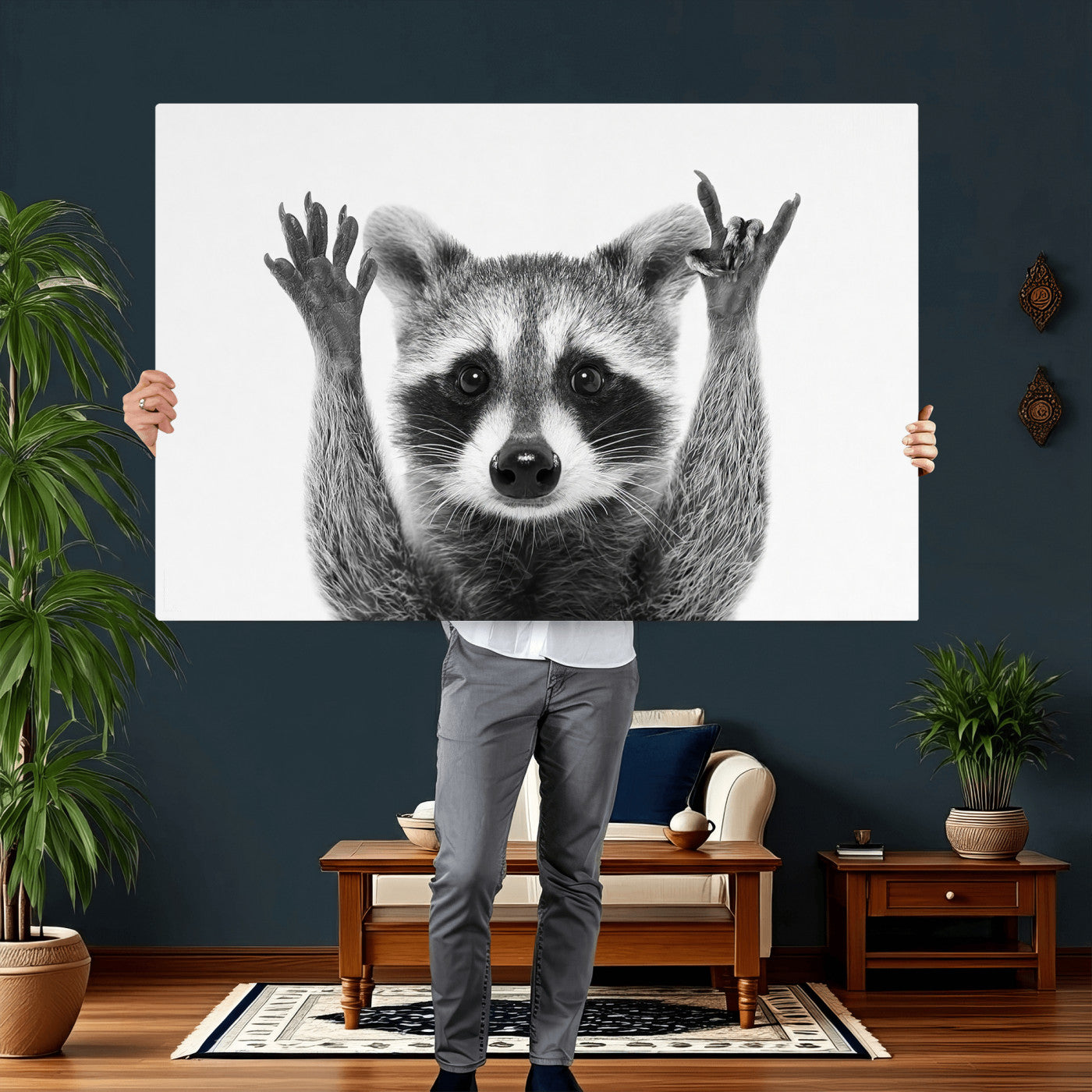 82392228-MGV-CV-36X24 - Funny Raccoon Canvas Wall Art, Black White Hands Up Animal Photo Print, Humorous Wildlife Decor, Kids Room Nursery Art, Quirky Animal Gift