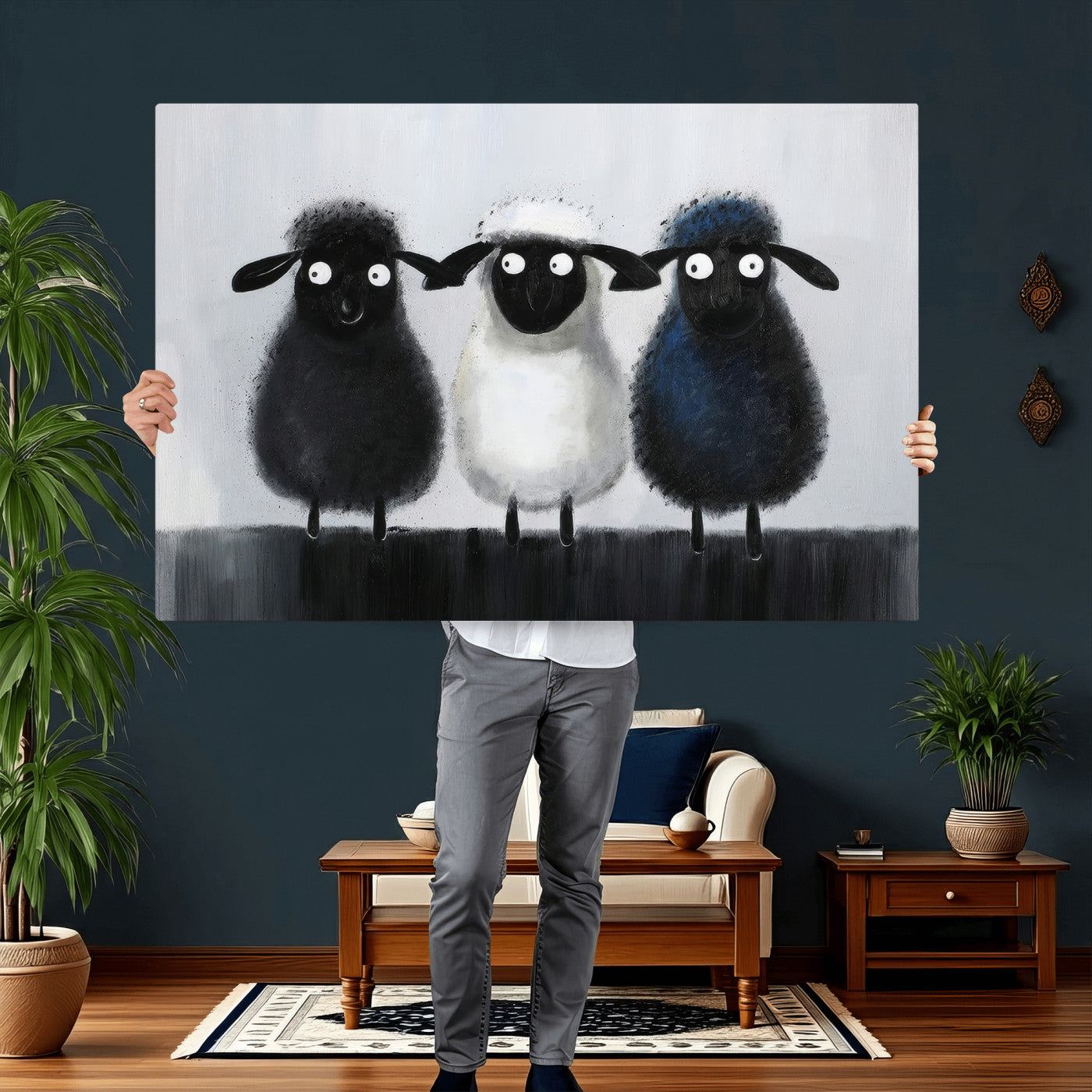 45650028-MGV-CV-36X24 - Funny Sheep Canvas Wall Art, Three Quirky Sheep Painting Print, Cute Animal Nursery Decor, Black White Navy Farmhouse Art, Kids Room Gift