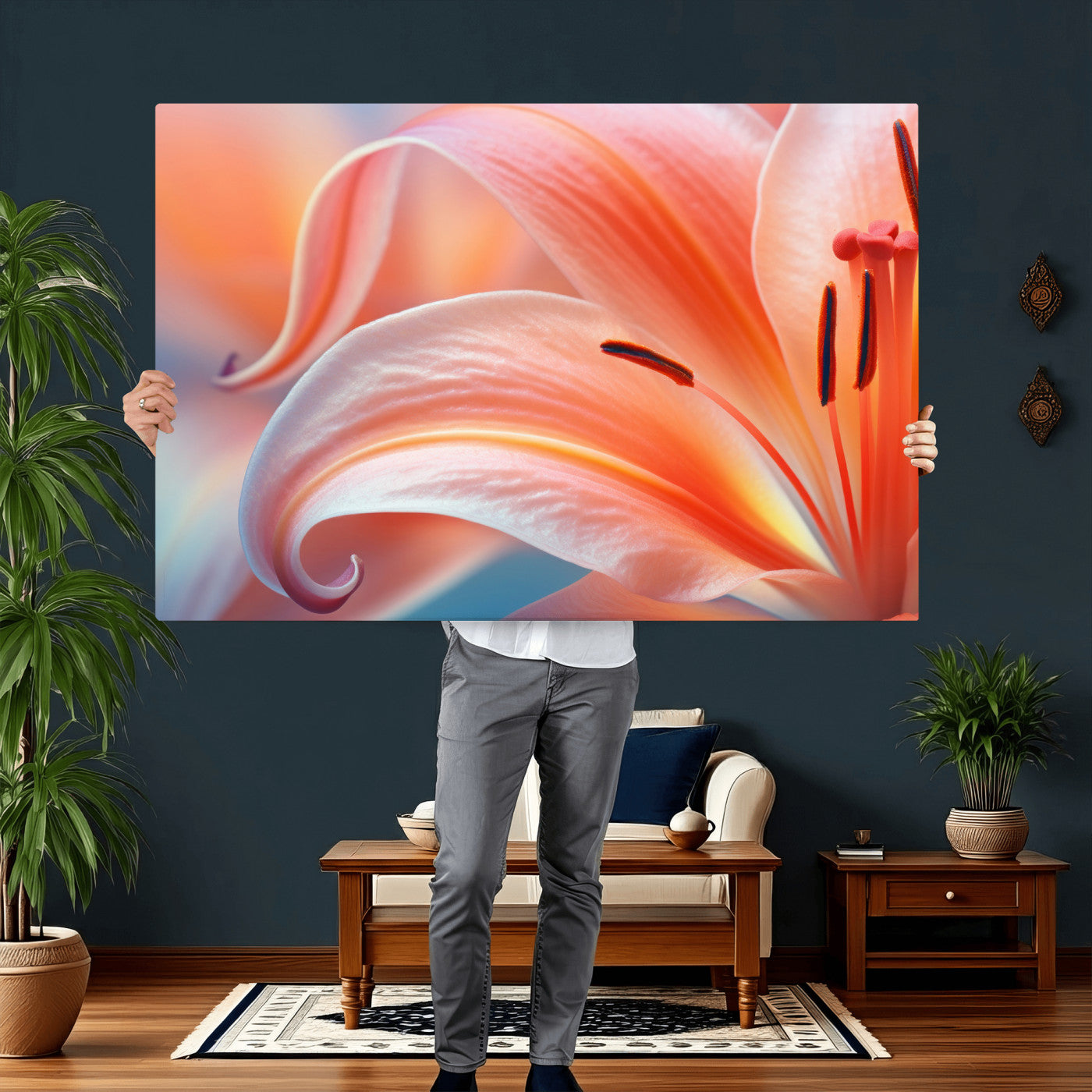 69566231-MGV-CV-36X24 - Peach Lily Canvas Wall Art, Coral Pink Flower Macro Photo Print, Botanical Bedroom Decor, Soft Floral Photography, Living Room Wall Art