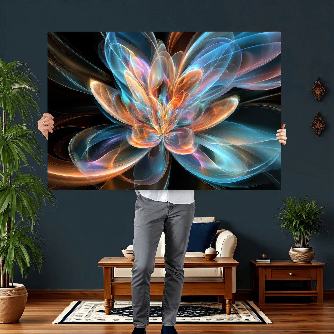 91902283-MGV-CV-36X24 - Fractal Lotus Canvas Wall Art, Blue Orange Glowing Flower Abstract Print, Modern Zen Meditation Room Decor, Ethereal Digital Art, Living Room
