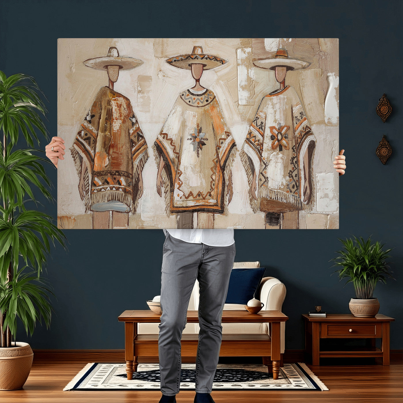 85373290-MGV-CV-36X24 - Mexican Folk Art Canvas Wall Art, Charro Poncho Sombrero Painting Print, Neutral Beige Boho Decor, Southwestern Impasto Style, Living Room Art
