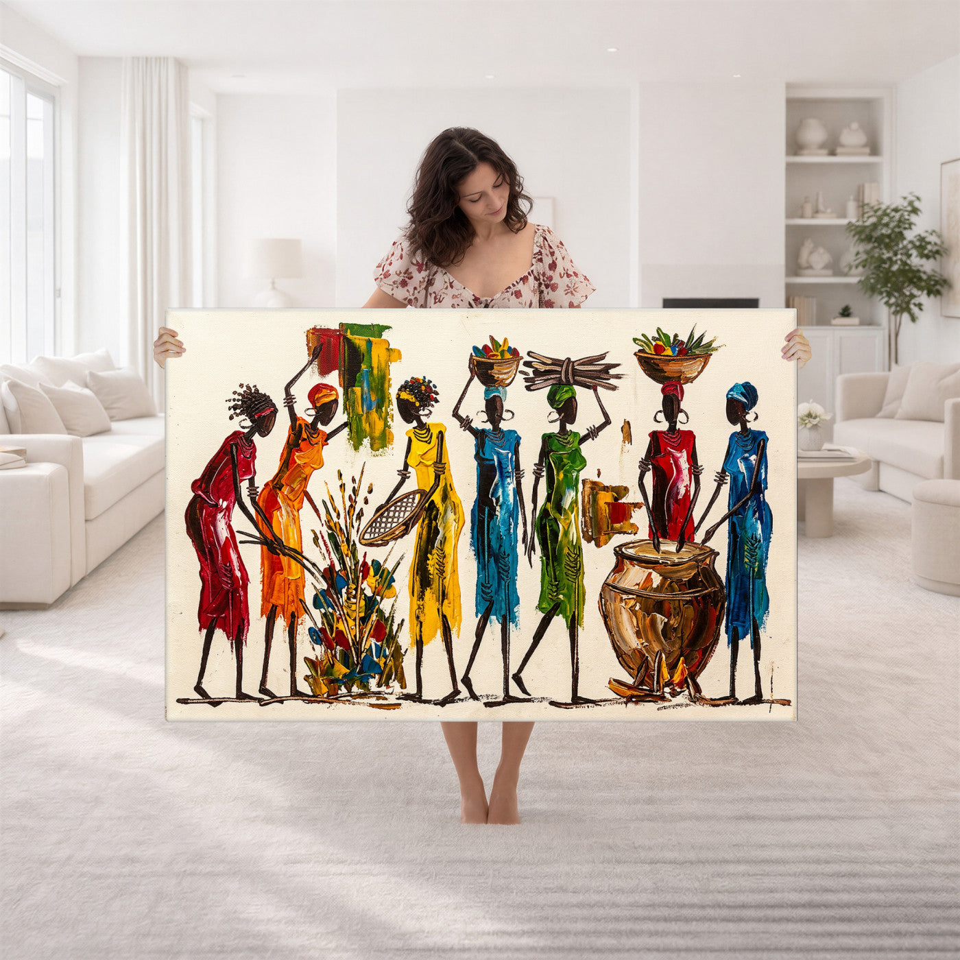 83463154-MGV-CV-36X24 - African Folk Art Canvas Wall Art, Colorful African Women Village Painting Print, Tribal Ethnic Home Decor, Vibrant African Art, Living Room