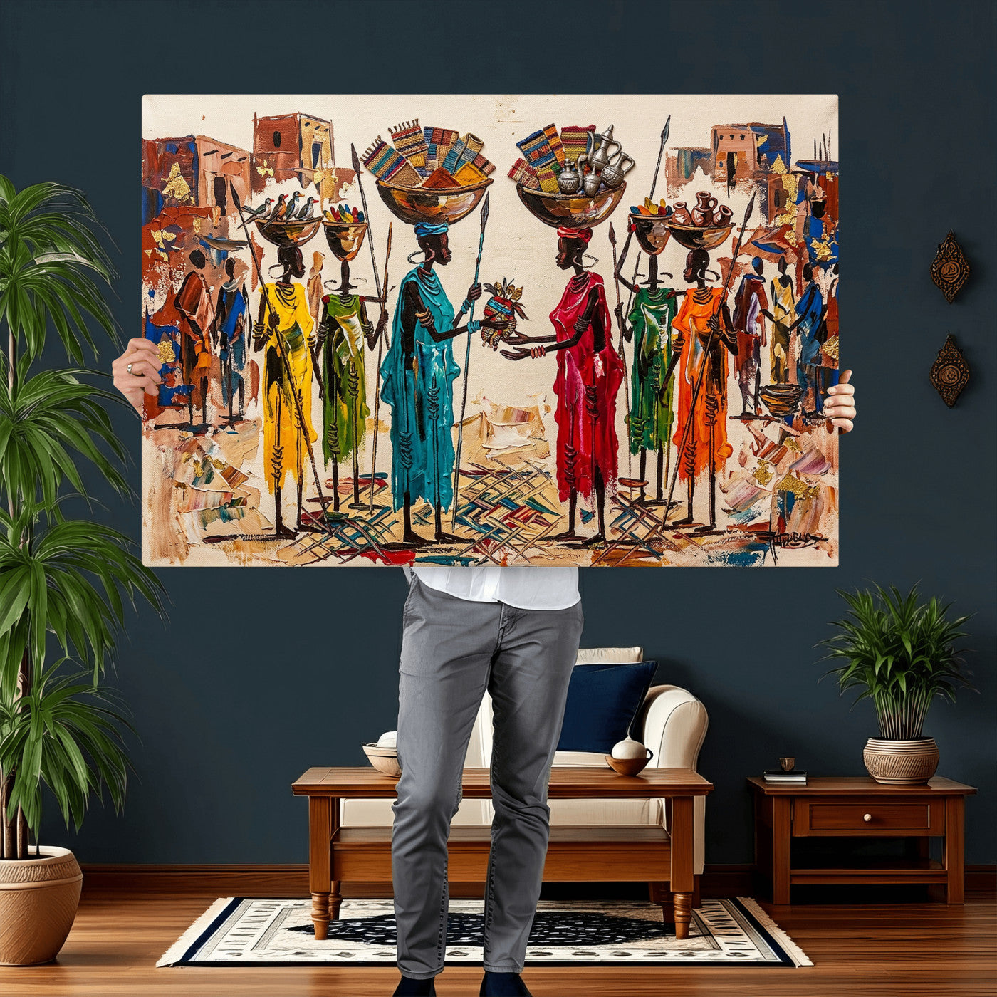 54818657-MGV-CV-36X24 - African Folk Art Canvas Wall Art, Colorful African Women Village Painting Print, Tribal Ethnic Home Decor, Vibrant African Art, Living Room