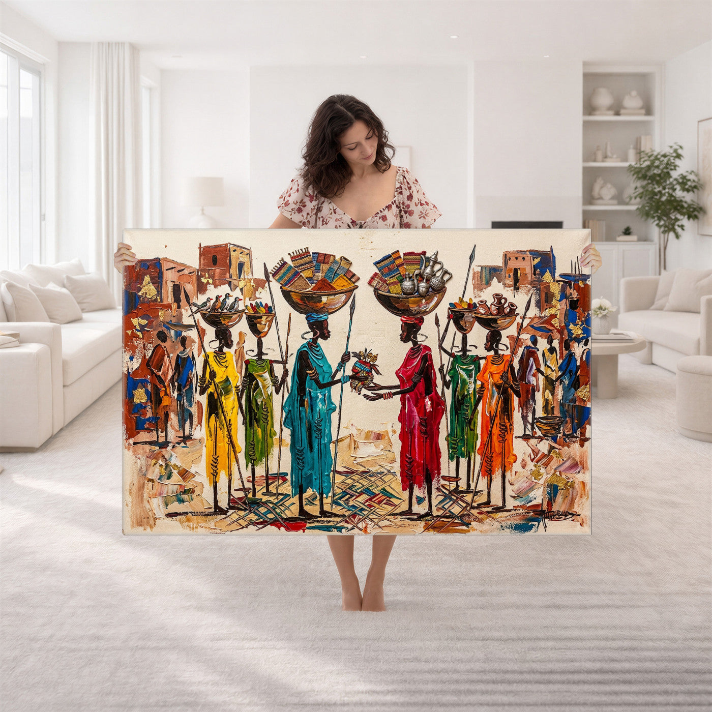 54818657-MGV-CV-36X24 - African Folk Art Canvas Wall Art, Colorful African Women Village Painting Print, Tribal Ethnic Home Decor, Vibrant African Art, Living Room