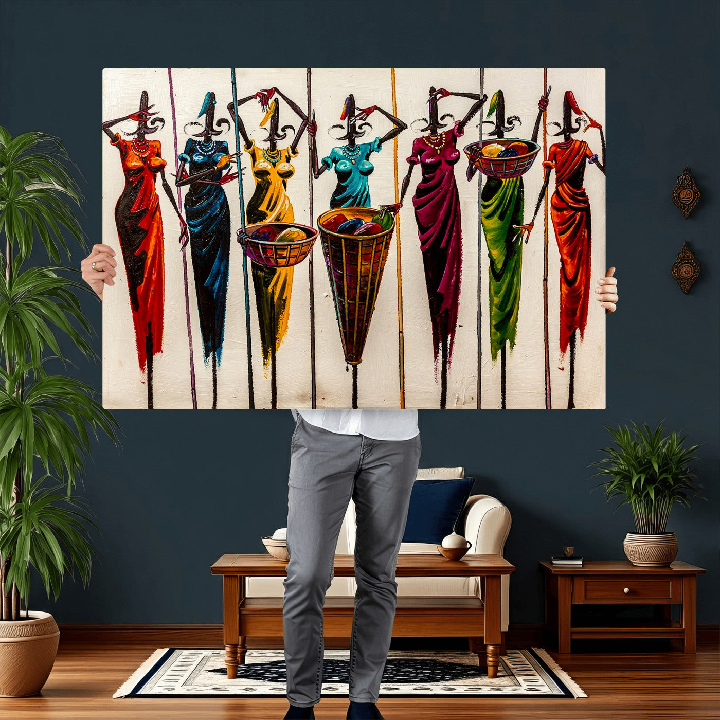 53545627-MGV-CV-36X24 - African Folk Art Canvas Wall Art, Colorful African Women Village Painting Print, Tribal Ethnic Home Decor, Vibrant African Art, Living Room