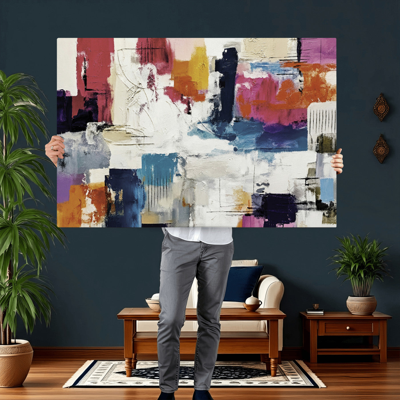57864023-MGV-CV-36X24 - Blue Teal Abstract Canvas Wall Art, Modern Textured Painting Print, Navy Orange White Contemporary Art, Neutral Living Room Decor, Office Art
