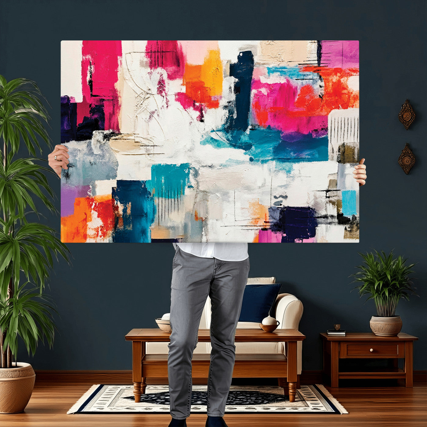 57864023-MGV-CV-36X24 - Blue Teal Abstract Canvas Wall Art | Modern Textured Painting Print, Navy Orange White Contemporary Art, Neutral Living Room Decor, Office Art