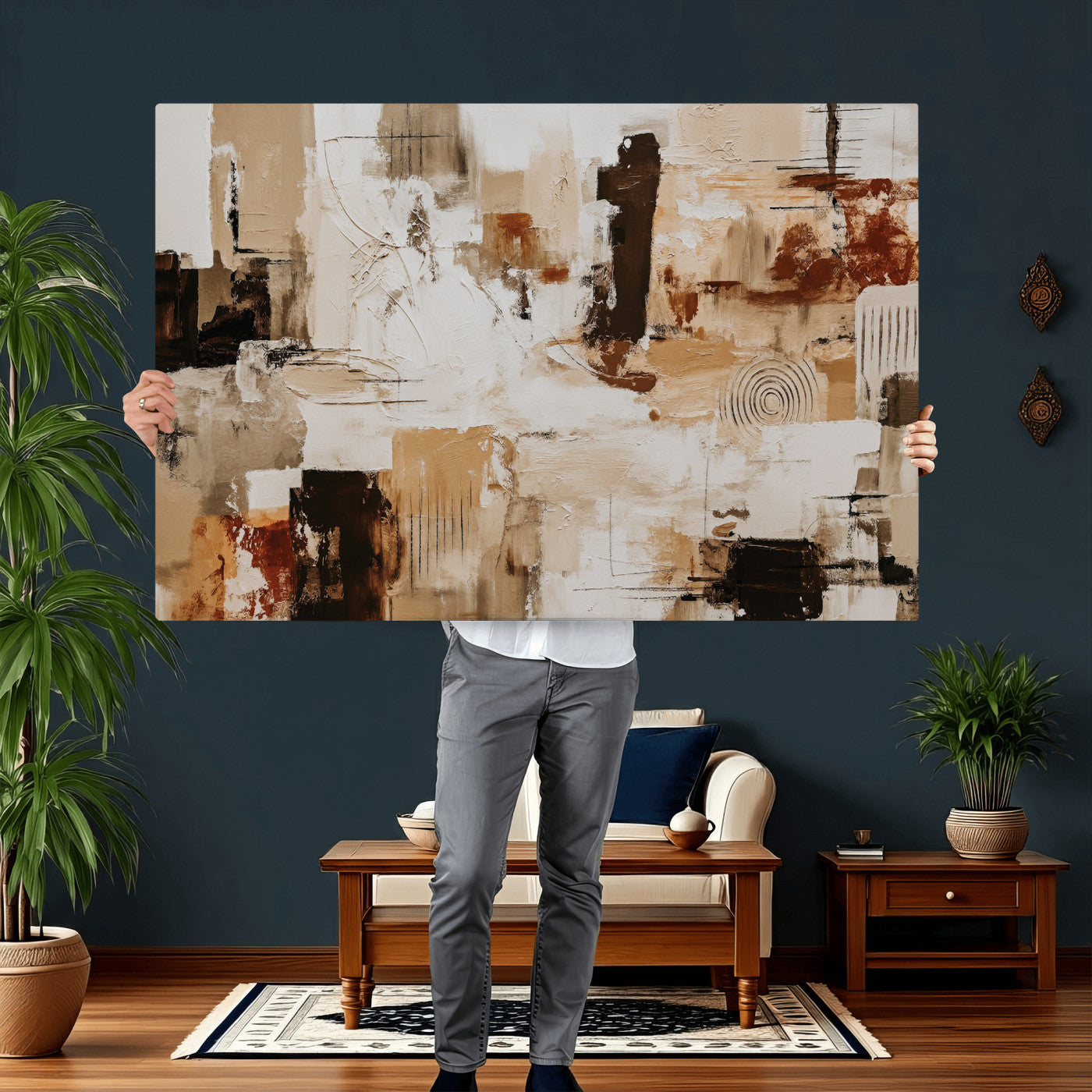 26560159-MGV-CV-36X24 - Blue Teal Abstract Canvas Wall Art, Modern Textured Painting Print, Navy Orange White Contemporary Art, Neutral Living Room Decor, Office Art