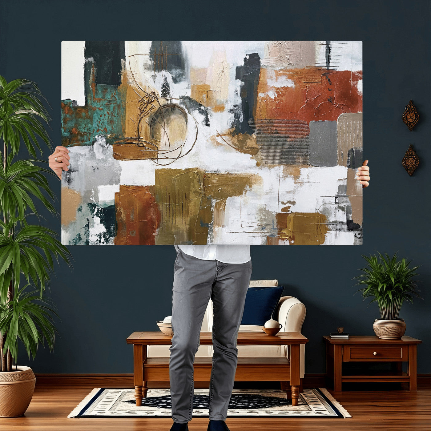 50720312-MGV-CV-36X24 - Blue Teal Abstract Canvas Wall Art, Modern Textured Painting Print, Navy Orange White Contemporary Art, Neutral Living Room Decor, Office Art