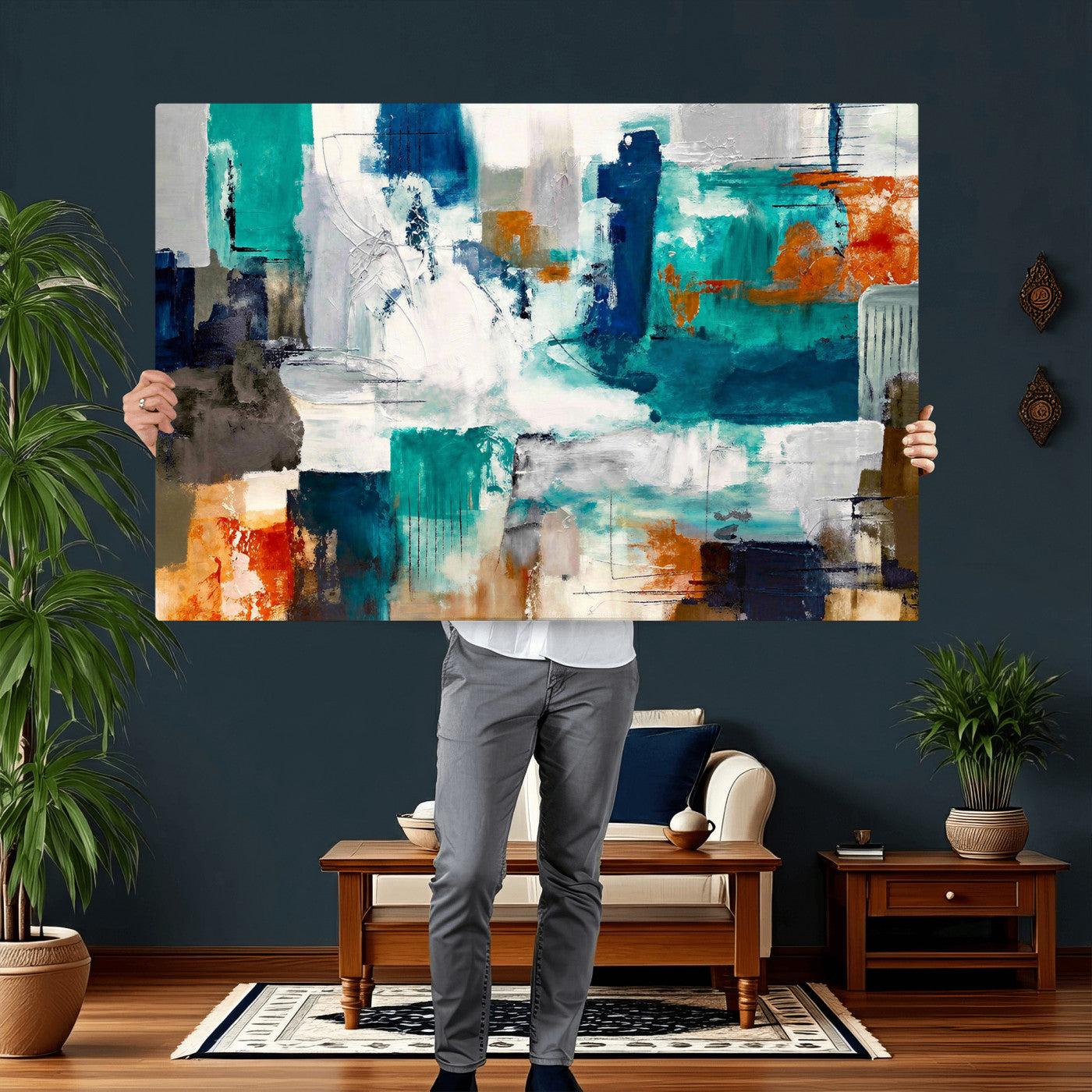 44038089-MGV-CV-36X24 - Blue Teal Abstract Canvas Wall Art, Modern Textured Painting Print, Navy Orange White Contemporary Art, Neutral Living Room Decor, Office Art