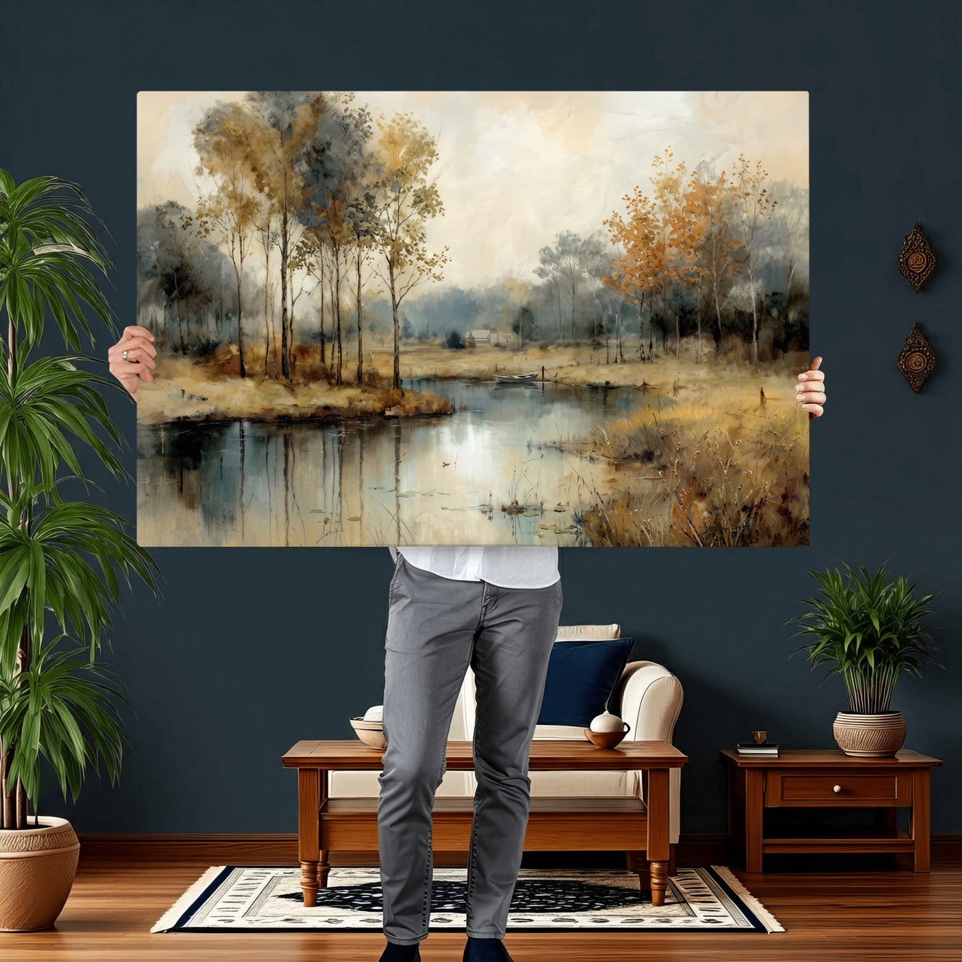 74391095-MGV-CV-36X24 - Abstract WatercolorAutumn Lake Canvas Wall Art Print, Misty Forest Landscape, Rustic Nature Painting, Cabin Wall Decor, Ready to Hang
