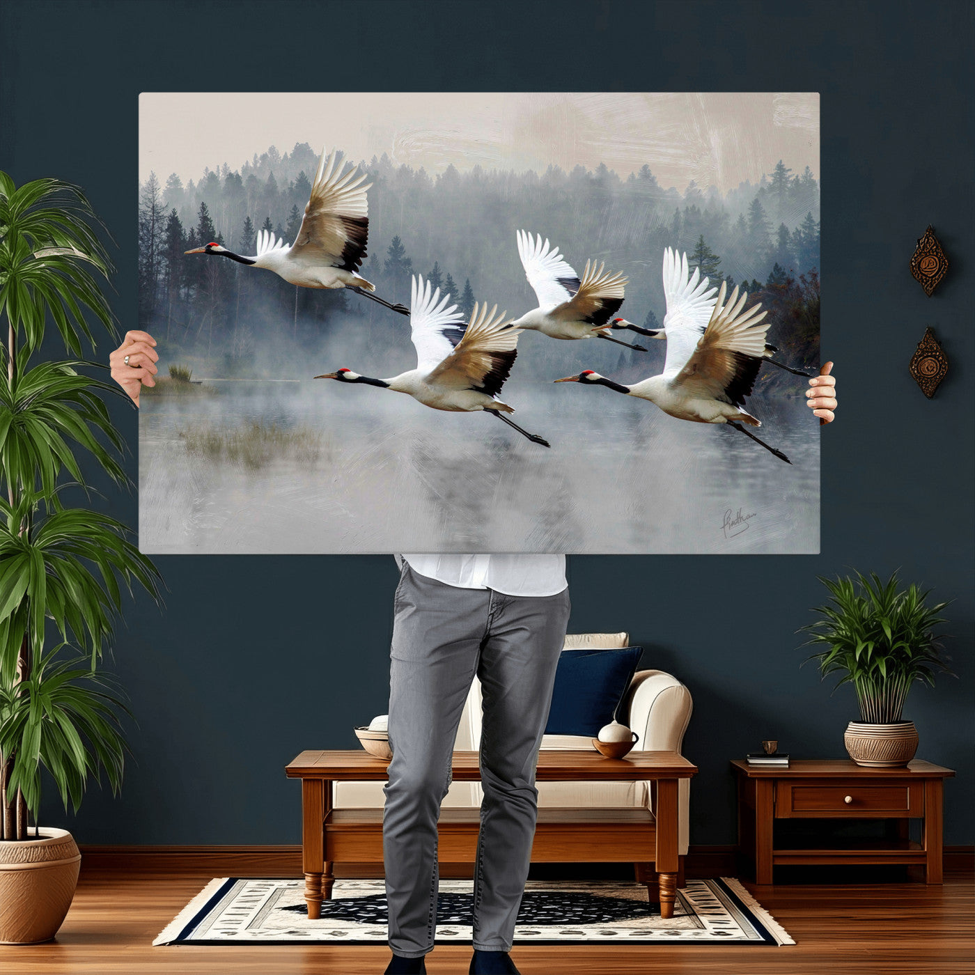 24356826-MGV-CV-36X24 - Flying Crane Canvas Wall Art Print, White Crane Bird Artwork, Wildlife Nature Decor, Lake Landscape Canvas, Ready to Hang
