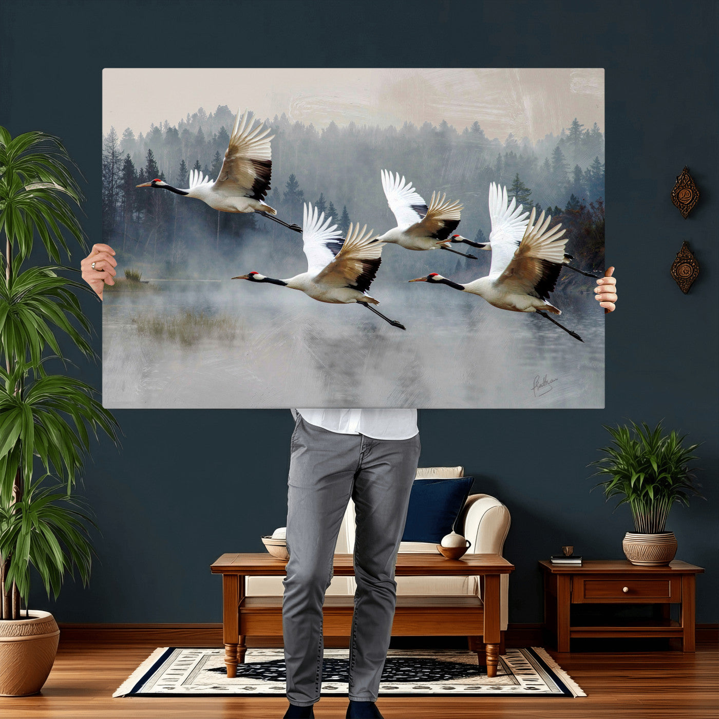 24356826-MGV-CV-36X24 - Flying Crane Canvas Wall Art Print, White Crane Bird Artwork, Wildlife Nature Decor, Lake Landscape Canvas - Ready to Hang