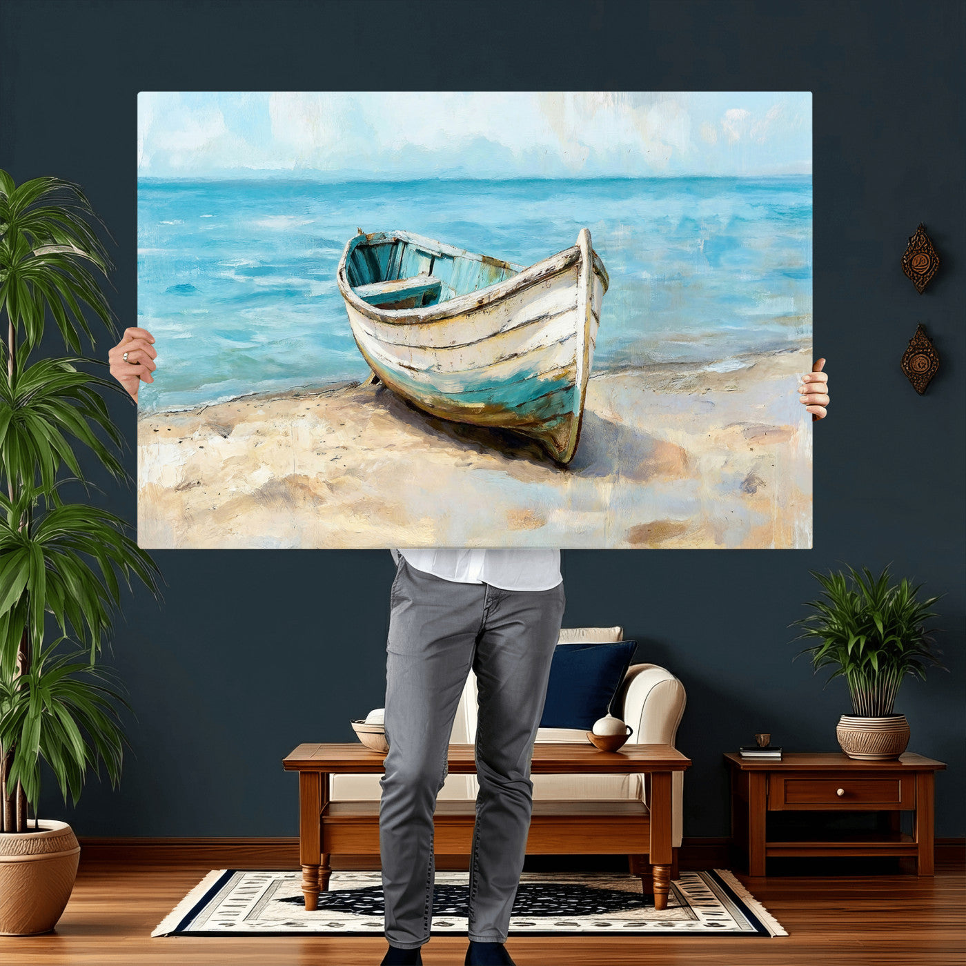 14780565-MGV-CV-36X24 - Coastal Boat Canvas Wall Art Print, Beach Boat Painting, Nautical Ocean Decor, Seascape Wall Art, Ready to Hang