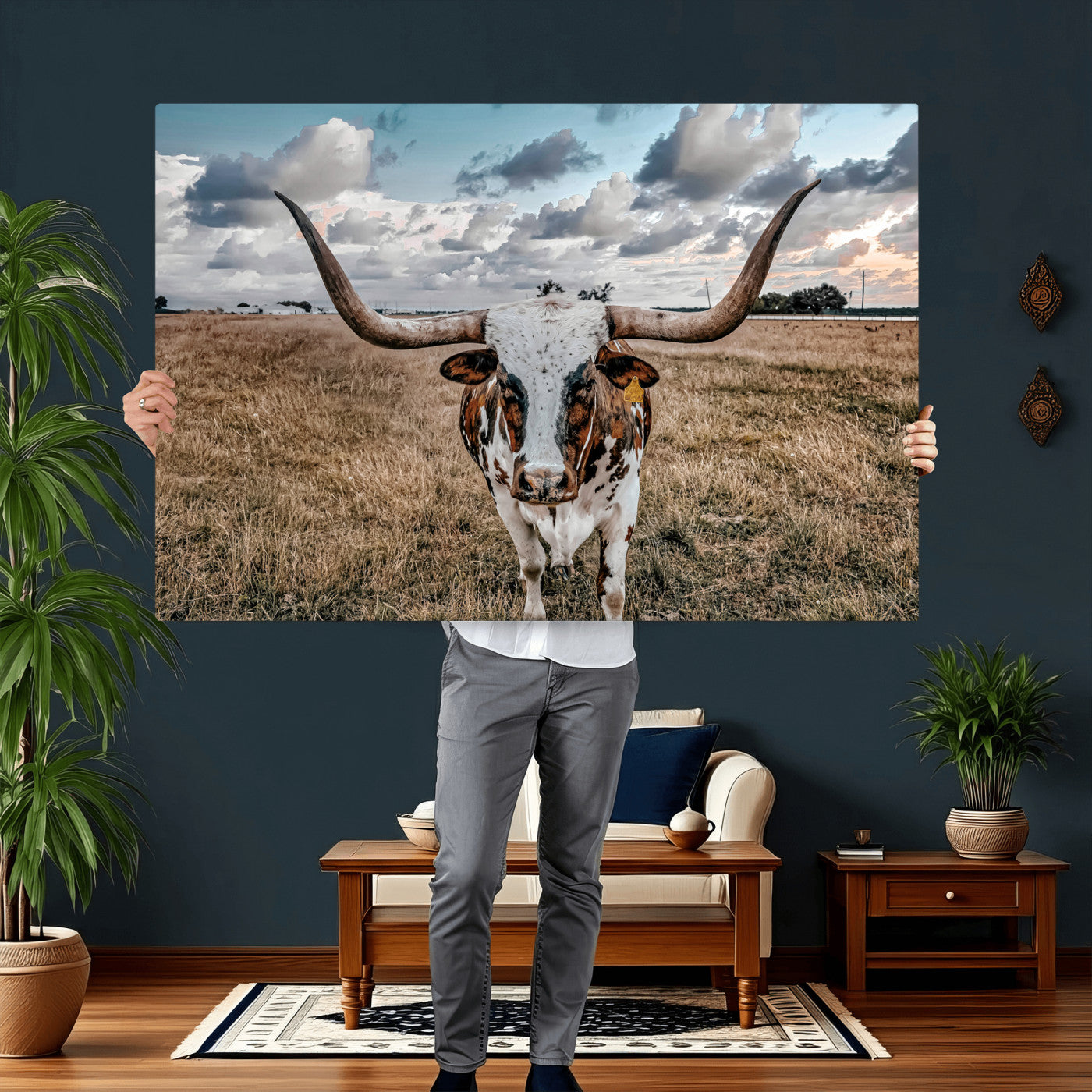 17464823-MGV-CV-36X24 - Texas Longhorn Canvas Wall Art Print, Western Cow Photography, Rustic Ranch Decor, Farmhouse Wall Art, Ready to Hang