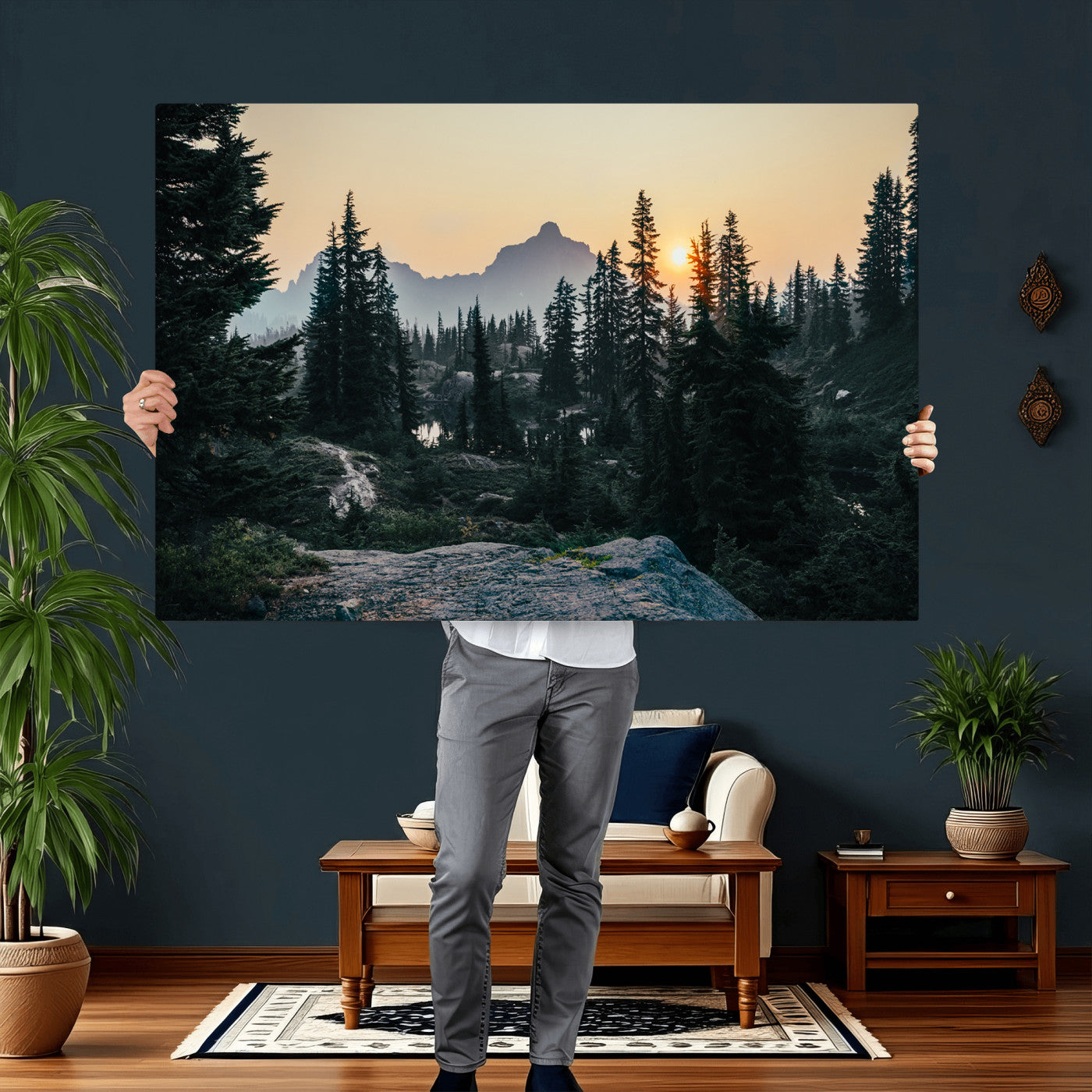 89996020-MGV-CV-36X24 - Mountain Forest Canvas Wall Art Print, Pine Tree Landscape, Sunset Nature Photography, Wilderness Wall Decor, Ready to Hang