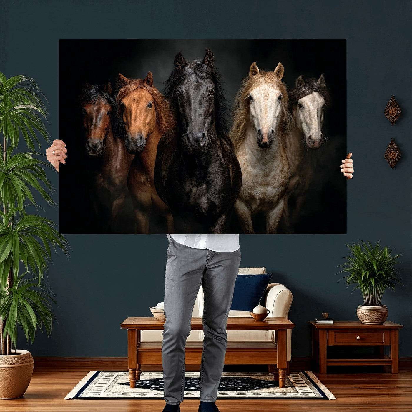 77696206-MGV-CV-36X24 - Horse Wall Art Canvas Print | Wild Horses Portrait Photography, Animal Horse Decor, Black Brown White Horse Herd