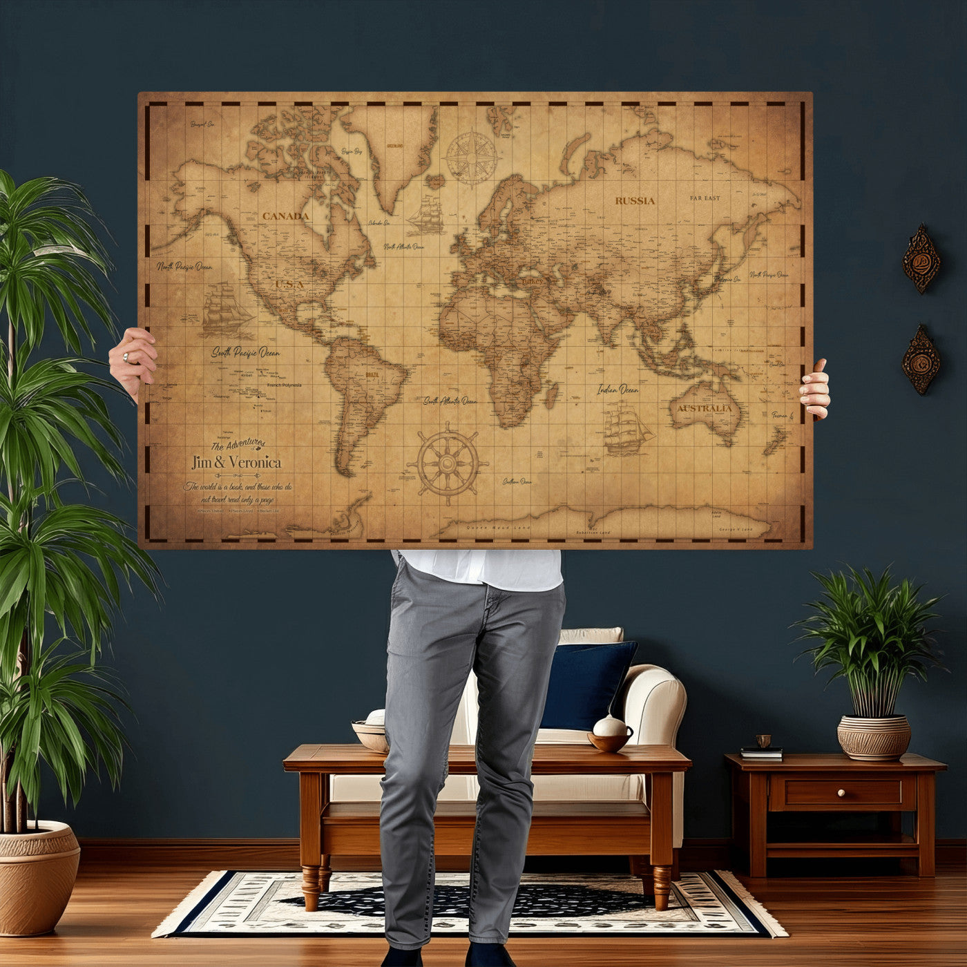 55328610-MGV-CV-36X24 - Personalize Push Pin World Map Wall Art Print - Vintage Travel Map Canvas, Custom Names Anniversary Gift, Places Visited Pin Board