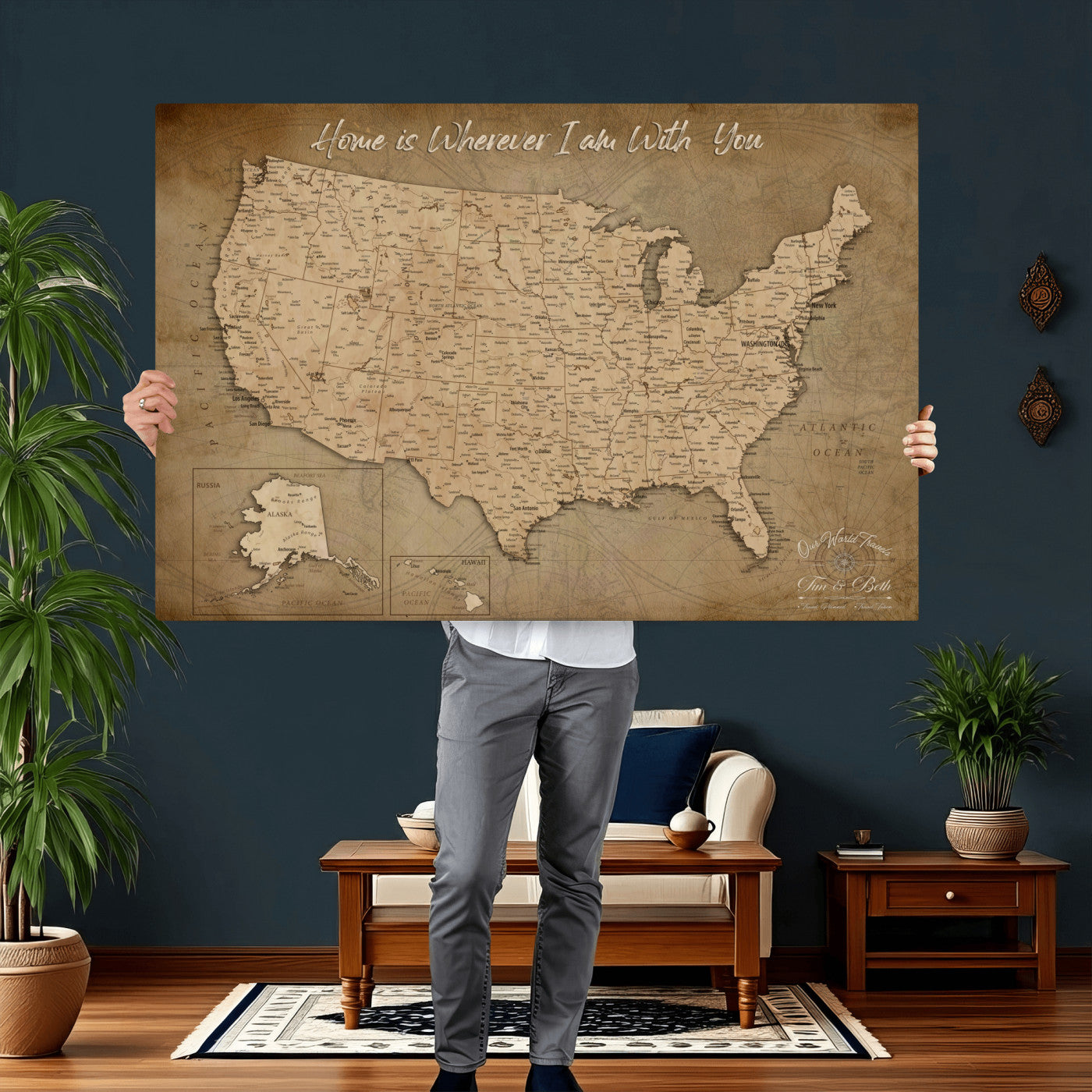 21454917-MGV-CV-36X24 - Personalized USA Push Pin Travel Map, Custom United States Map, Push Pin Map, USA Bucket List Map, Anniversary Gift - Couple Travel Map Wall Art