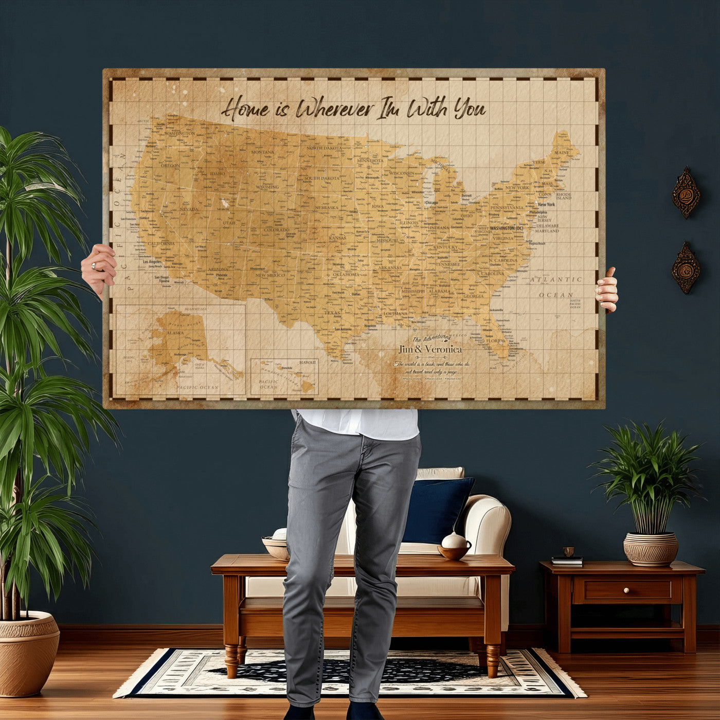 62164711-MGV-CV-36X24 - Personalized USA Push Pin Travel Map, Custom United States Map, Push Pin Map, USA Bucket List Map, Anniversary Gift - Couple Travel Map Wall Art