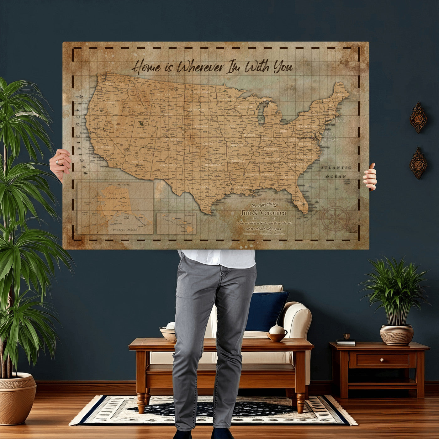 87620242-MGV-CV-36X24 - Personalized USA Push Pin Travel Map, Custom United States Map, Push Pin Map, USA Bucket List Map, Anniversary Gift, Couple Travel Map Wall Art