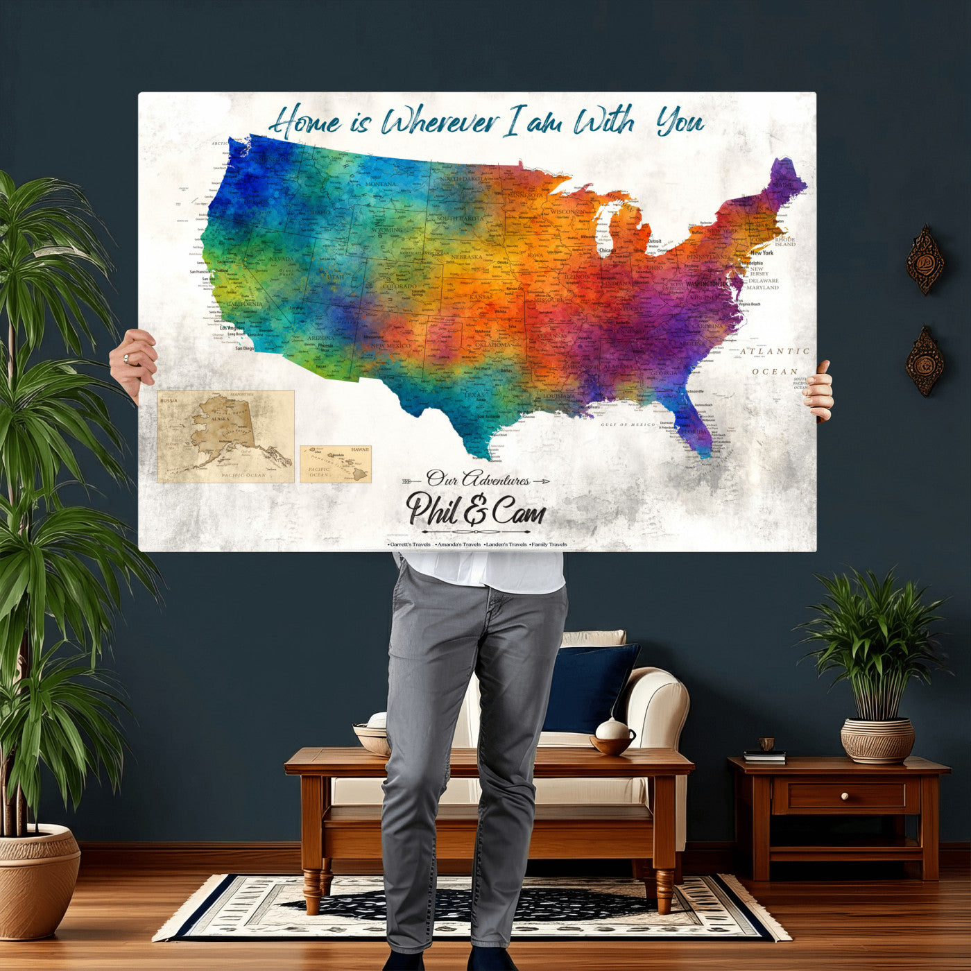 17251793-MGV-CV-36X24 - Watercolor USA Travel Map with Pins Colorful Modern Canvas Wall Art