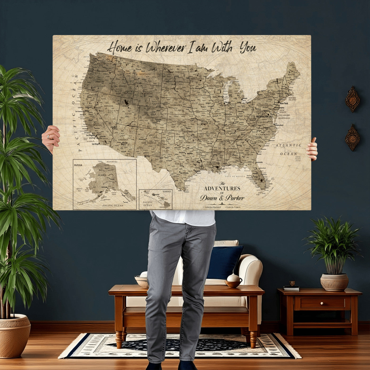 25440520-MGV-CV-36X24 - Personalized United States Map Canvas Wall Art with Push Pins Detailed