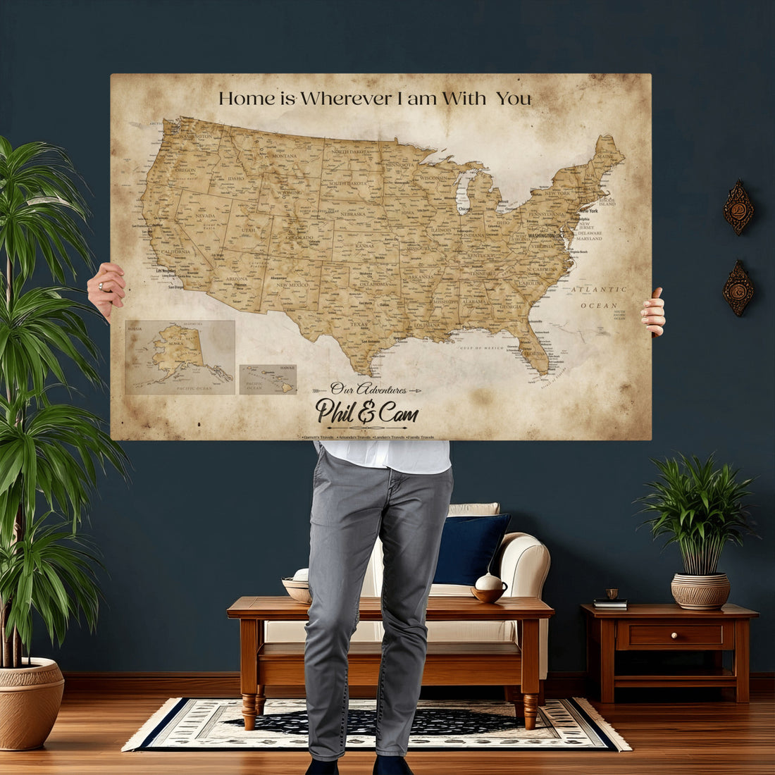 Personalized Push Pin USA Map Canvas Print, 50 State Bucket List Map, Bedroom and Study Decor