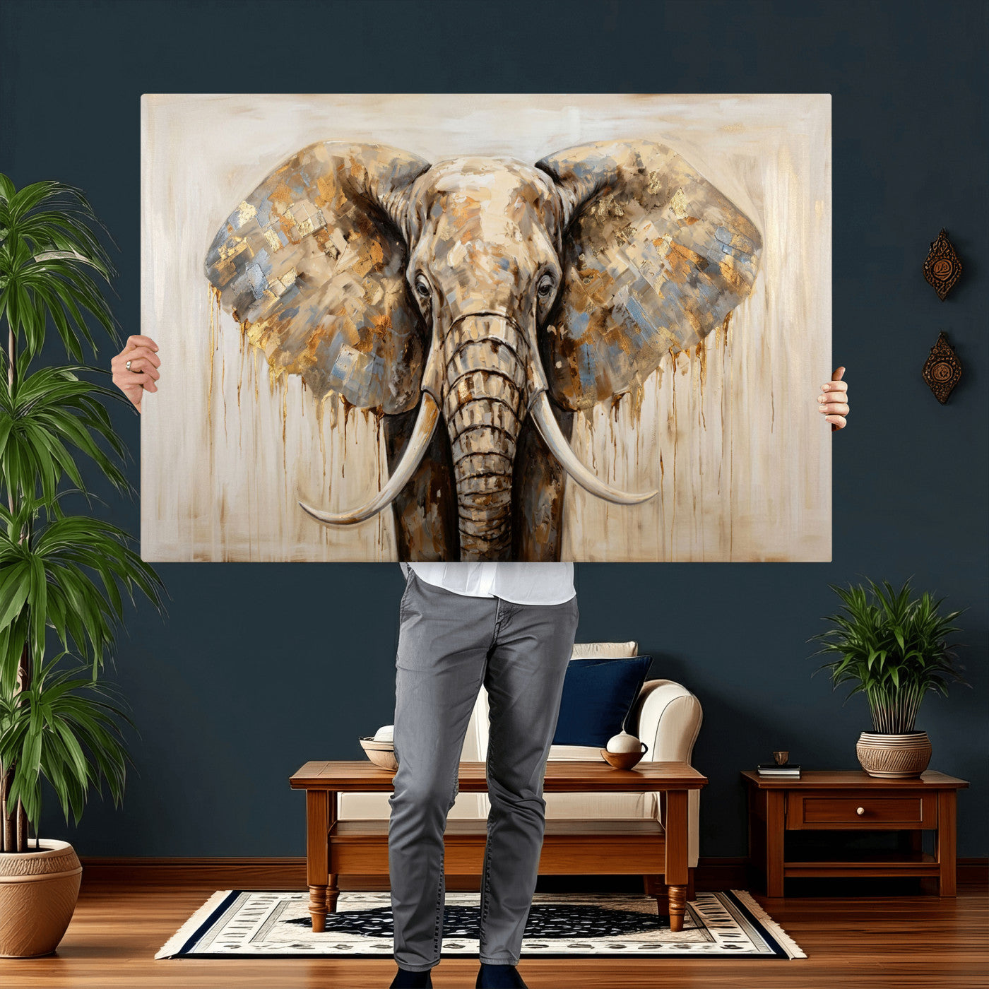 95819221-MGV-CV-36X24 - Gold Leaf Elephant Canvas Wall Art Abstract African Wildlife Painting Print