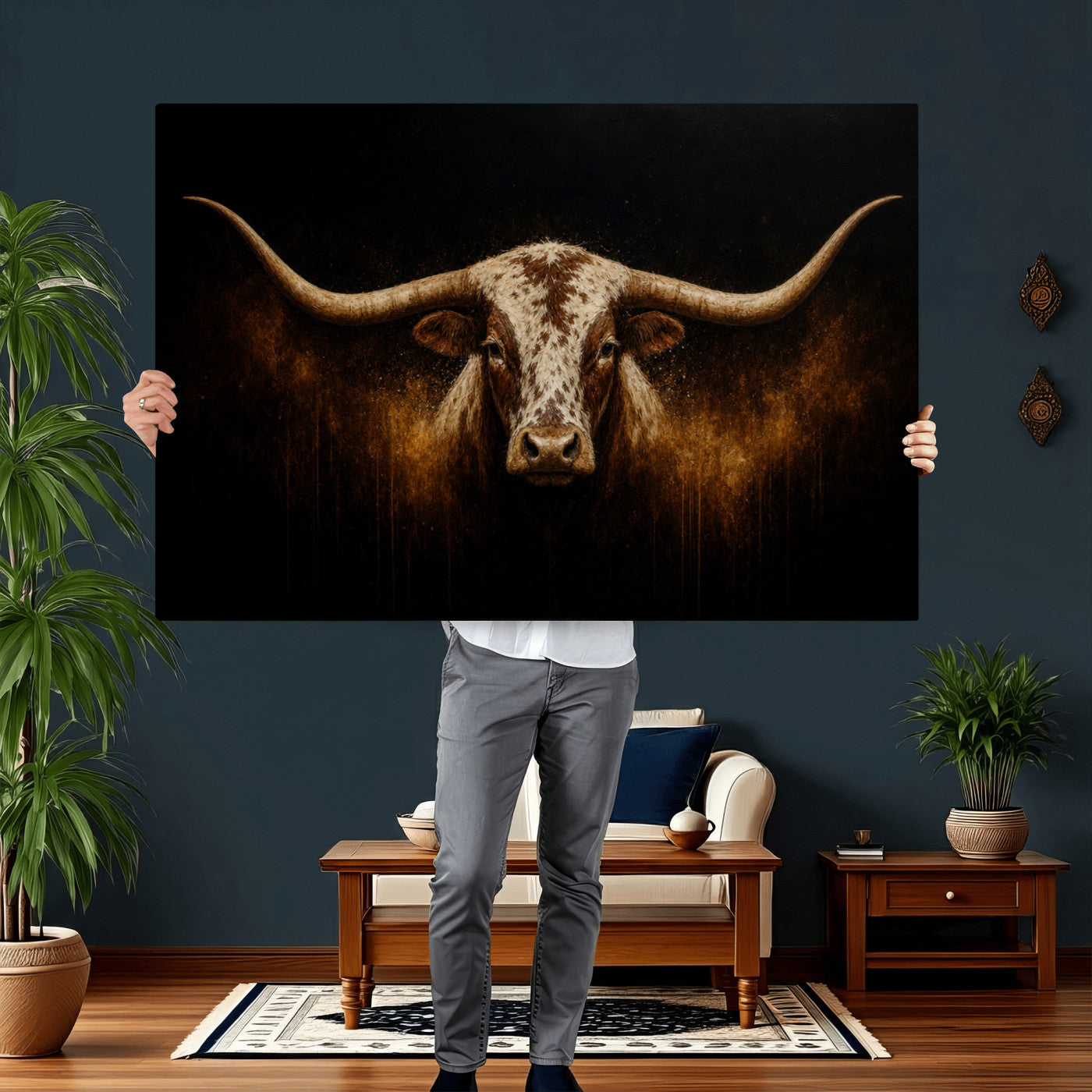 12628958-MGV-CV-36X24 - Texas Longhorn Canvas Wall Art Moody Western Bull Oil Painting Print
