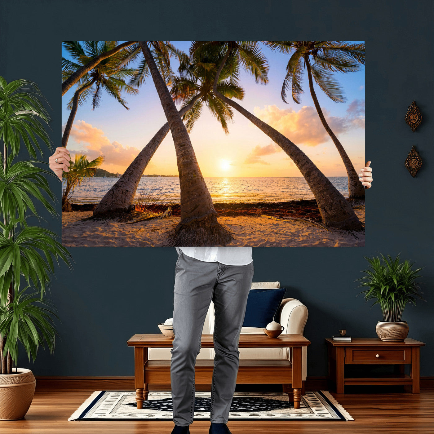 75123213-MGV-CV-36X24 - Tropical Island Coconut Palm Trees Sunset Wall Art Canvas Print - Turquoise Beach Print for Nautical Home Decor