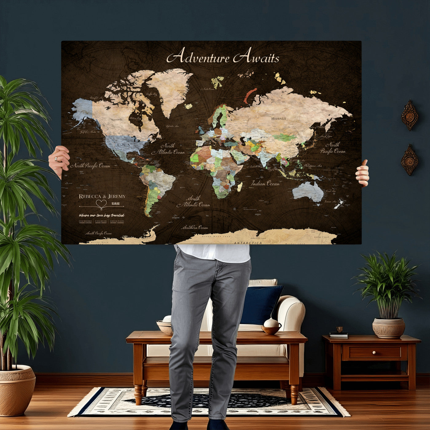 95753799-MGV-CV-36X24 - Custom Push Pin World Map Canvas Print – Personalized Travel Map Wall Art