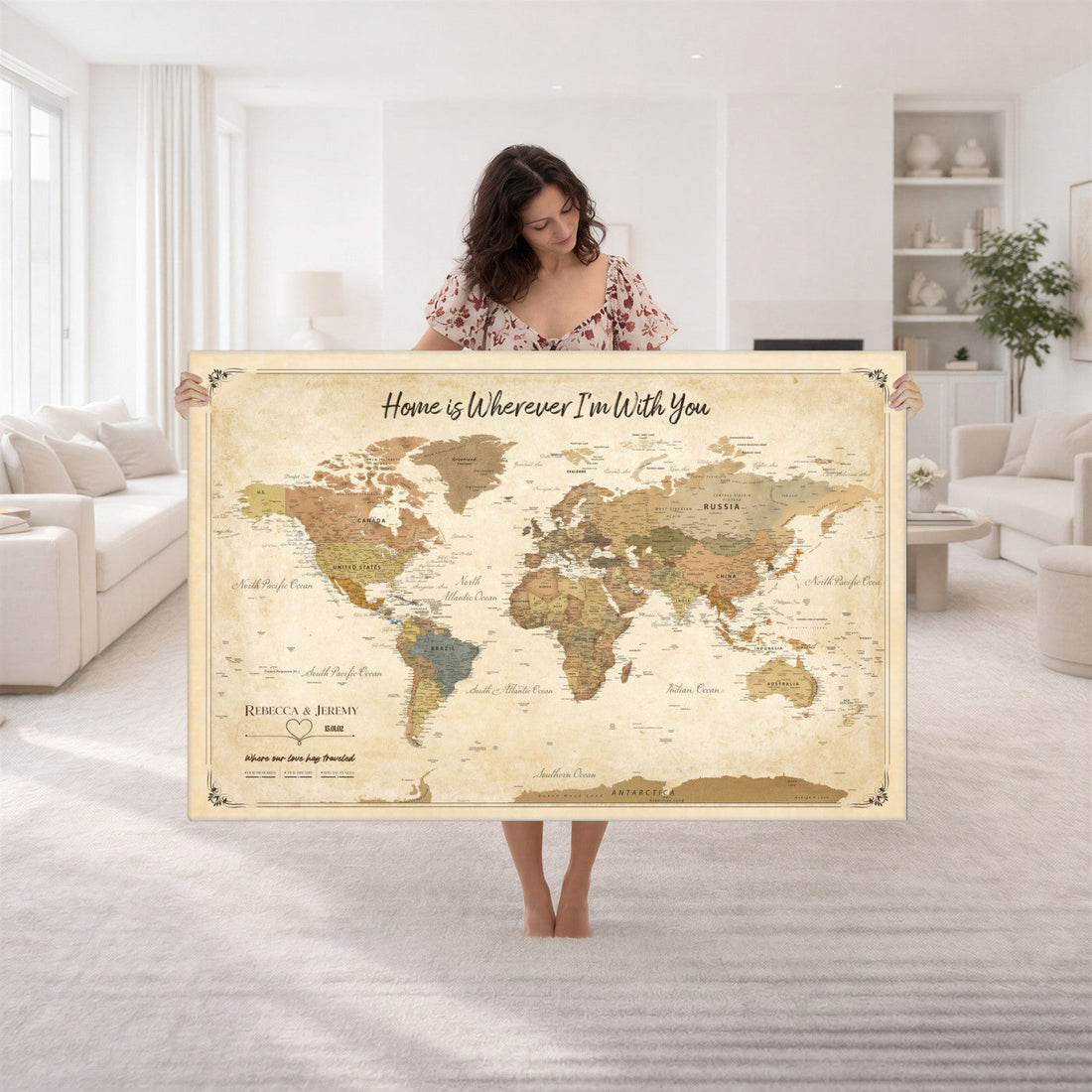 Personalized Framed Blue Push Pin World Map Wall Art, Bucket List Map, Dining Room and Study Decor