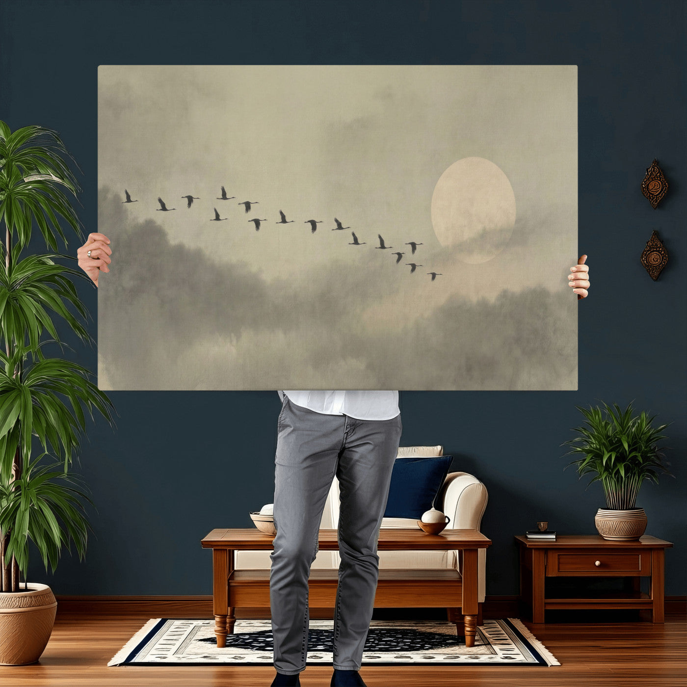 12098149-MGV-CV-36X24 - Flock of Birds Flying to Full Moon Wall Art Canvas Print - Vintage Surreal Clouds Painting
