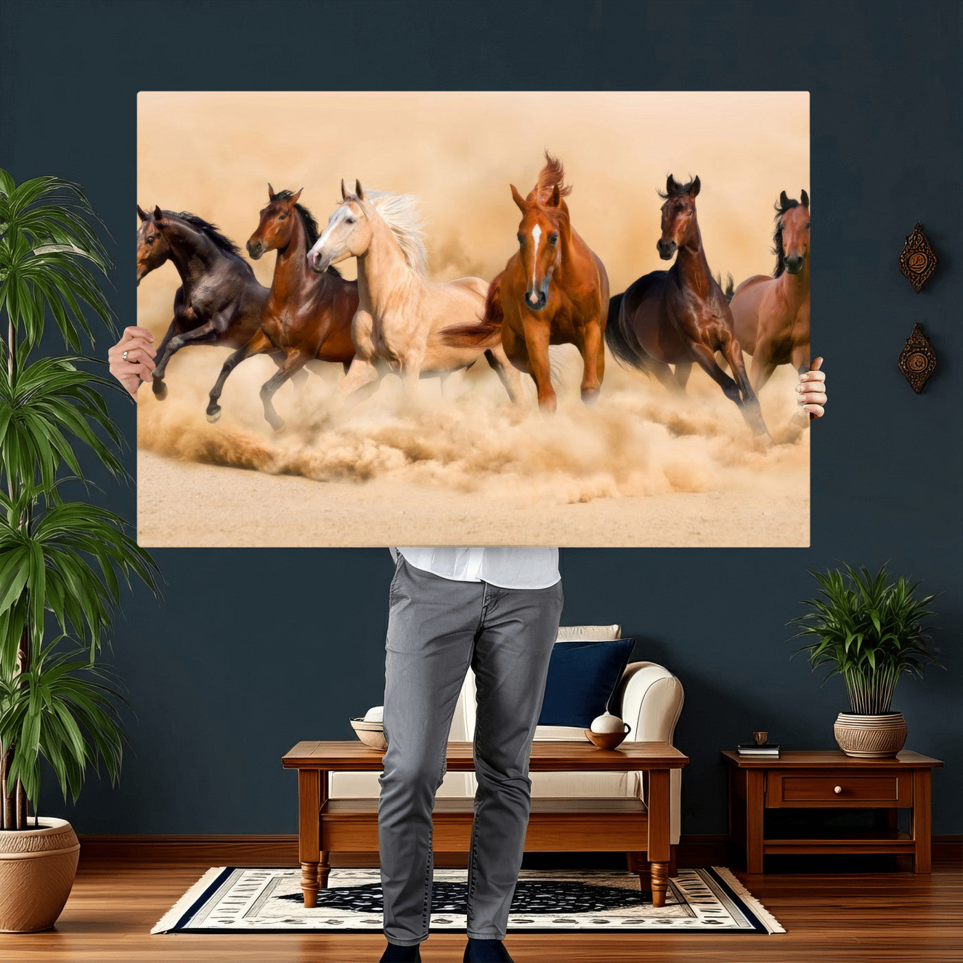 90610949-MGV-CV-36X24 - Herd of Six Wild Horses Galloping in Dust Storm Wall Art Canvas Print - Majestic Wildlife Decor