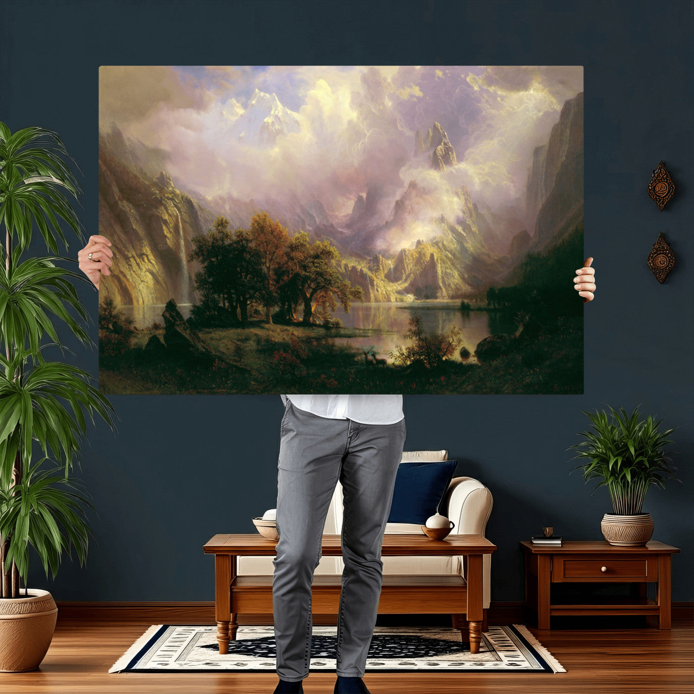 49189463-MGV-CV-36X24 - Albert Bierstadt Rocky Mountain Landscape Wall Art Canvas Print, Classic Fine Art Painting Print