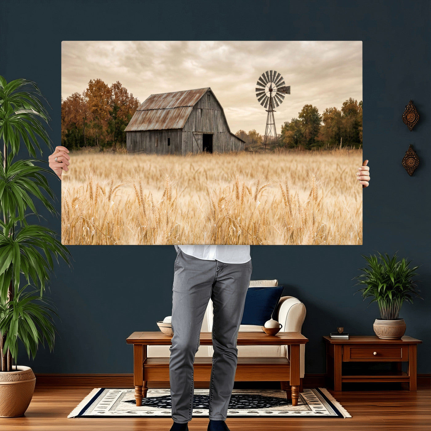 99640659-MGV-CV-36X24 - Rustic Farmhouse Barn and Windmill Wall Art Canvas Print, Country Landscape Photography Print