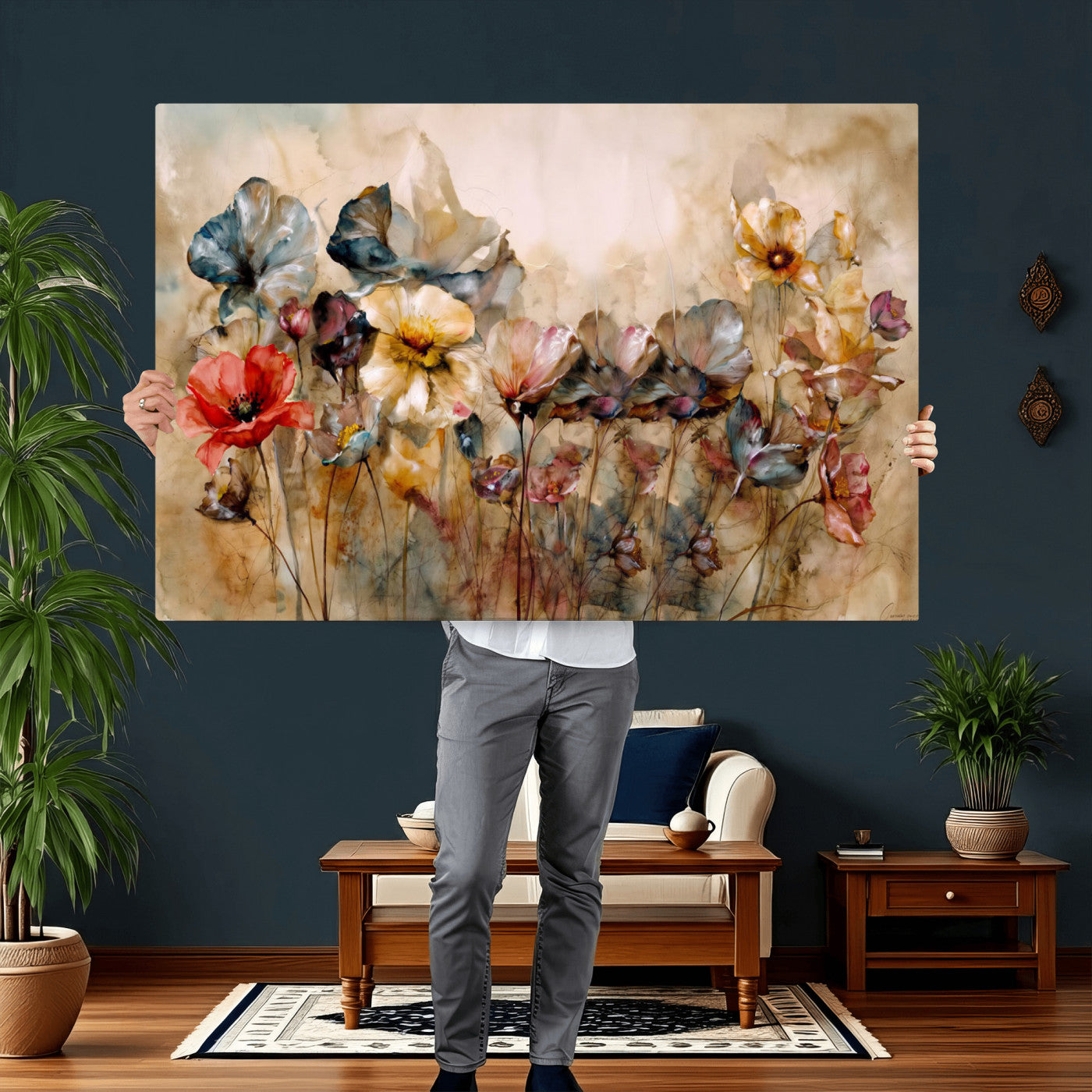 11407233-MGV-CV-36X24 - Vintage Dried Floral Meadow Wall Art Canvas Print, Translucent Watercolor Flowers Painting Print