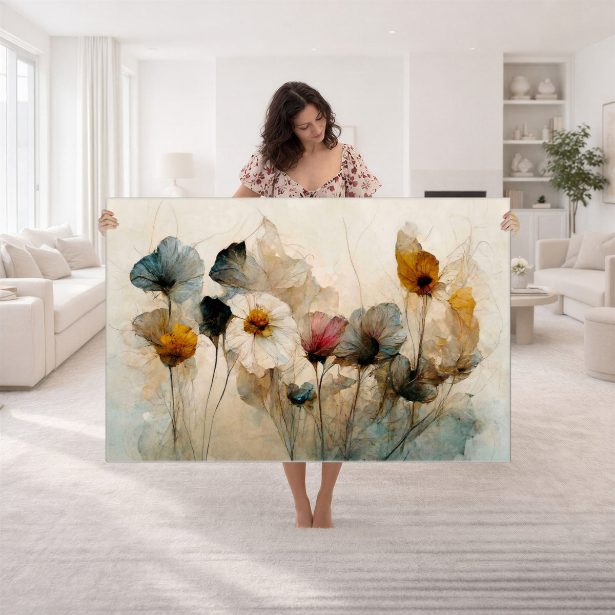 86802229-MGV-CV-36X24 - Vintage Dried Floral Meadow Wall Art Canvas Print, Translucent Watercolor Flowers Painting Print